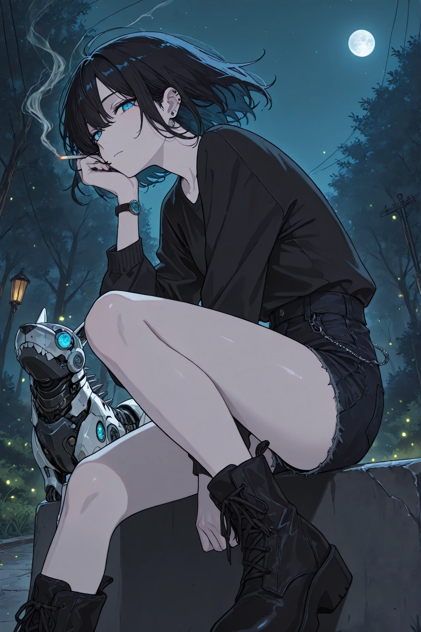 (masterpiece, best quality, ultra-detailed, Anime style, illustration, fantasy art) Outside: half-sideways, head turned towards viewer, smokes, one leg put forward, Sits on a curb(Knee-bent), dark-haired girl, hair develops in the wind, Piercing blue eyes, long lashes, watch the viewer , Glass retina, Hair black as pitch, hair develops in the wind , pale skin, Glass retina, slim body, white leather, Сидит на бардюре в Parkе, next to her sits an ultra-detailed robotic dog with open gears (Robot Dog), Outside night, Park, full moon, heavy boots with spikes, fragile figure, exhales smoke cigarettes, shine, best quality, she is wearing black short shorts with a side chain and a black top ( black denim shorts and a black top), Glass retina, fireflies and magic lights, sight below, sight below, is shy, profile, focus on the eyes, Retinal details, darkness reigns around, rays shine from above, Outside