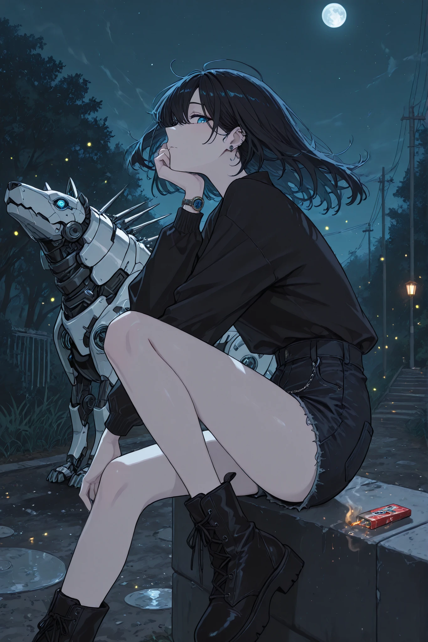 (masterpiece, best quality, ultra-detailed, Anime style, illustration, fantasy art) Outside: half-sideways, head turned towards viewer, smokes, one leg put forward, Sits on a curb(Knee-bent), dark-haired girl, hair develops in the wind, Piercing blue eyes, long lashes, watch the viewer , Glass retina, Hair black as pitch, hair develops in the wind , pale skin, Glass retina, slim body, white leather, Сидит на бардюре в Parkе, next to her is an ultra-detailed robotic dog with open gears (dog robot), Outside night, Park, full moon, heavy boots with spikes, fragile figure, exhales smoke cigarettes, shine, best quality, she is wearing black short shorts with a side chain and a black top ( black denim shorts and a black top), Glass retina, fireflies and magic lights, sight below, sight below, is shy, profile, focus on the eyes, Retinal details, darkness reigns around, rays shine from above, Outside