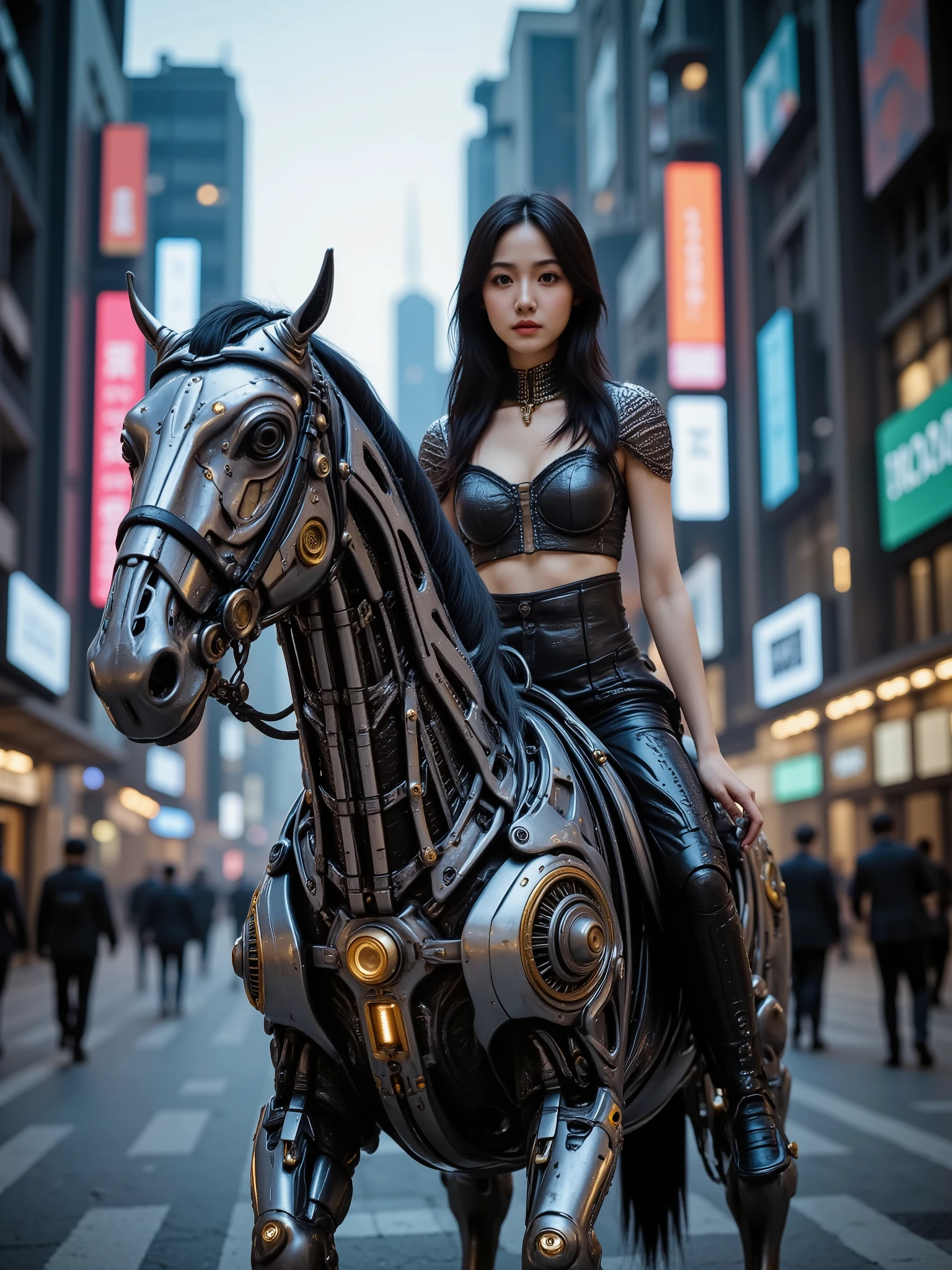 A woman rides a mechanical horse、cyberpunk、4K High Definition Photo,Extreme Details,Photographic Realistic,Professional,vivid colors,Bokeh,cyberpunkの雰囲気,Advanced Futuristic City,Metal machines, woman's face ,cool expression,Strong Poses,Unreal Engine,photorealistic