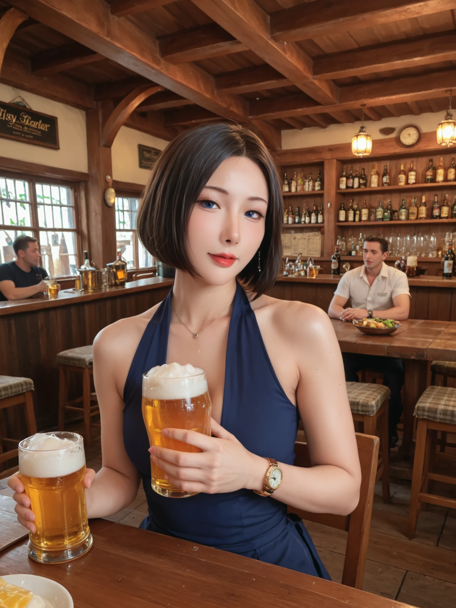 Highest Quality, masterpiece,watch viewers,Armpit,sweat,Soft Touch,Delicate Body Curves,realistic human anatomy diagram,dark haired,bob cut,big boobs,sleeveless,Chest Valley,Tavern,bar,seated,beer,table,chairs,drinking, tipsy,married woman,cooking,banquet,