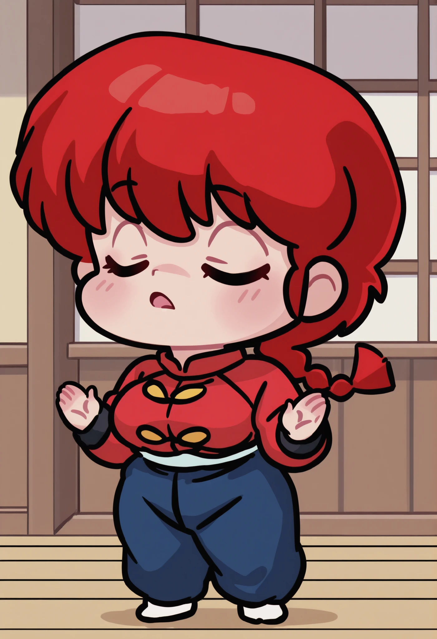 Ranma Saotome, red hair, Hair with a braid, eyes closed, Big breasts, NSFW,  sexy hips, sexy waist, red shirt with yellow buttons, blue pants, Japanese Dojo , by day, alone, without people in the background, pretty woman, Cute anime girl, blushed, standing, pose linda, imagen linda wallpaper, full body, Chibi, looking up, relaxed, calm, carefree, hablando, open-mouthed, shrug with palms facing out, 