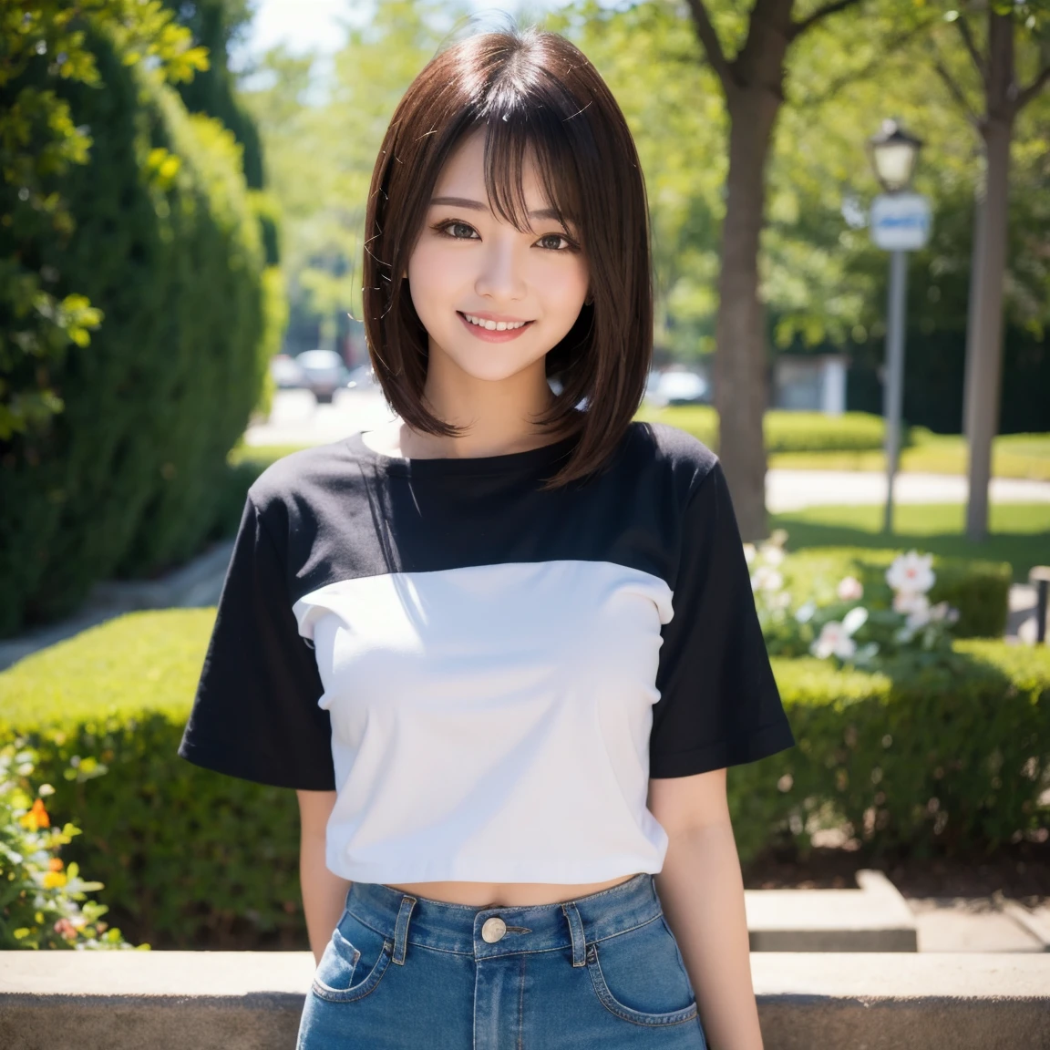 (kawaii 24 year-old Japanese girl, Nogizaka idol, Korean idol), healthy female athlete body, (glossy black hair, pixie cut, very short hair, messy hair edge, wavy hair, symmetric hair:1.3), (bangs), (rounded face, brown eyes, single eyelid, no makeup, soft smiling:1.2), (wearing over-sized t-shirt, skinny jeans:1.3), flat , tiny , (looking at viewer:1.2), BREAK, (on turf in the park background:1.3), (dynamic angle:1.3), BREAK, (masterpiece, best quality, photo realistic, official art:1.4), (UHD, 8K quality wallpaper, high resolution, raw photo, golden ratio:1.2), (shiny skin), professional lighting, physically based rendering, award winning, (perfect , highly detailed skin, extremely detailed face and eyes), Carl Zeiss 85 mm F/1.4, depth of field, 1girl, solo,
