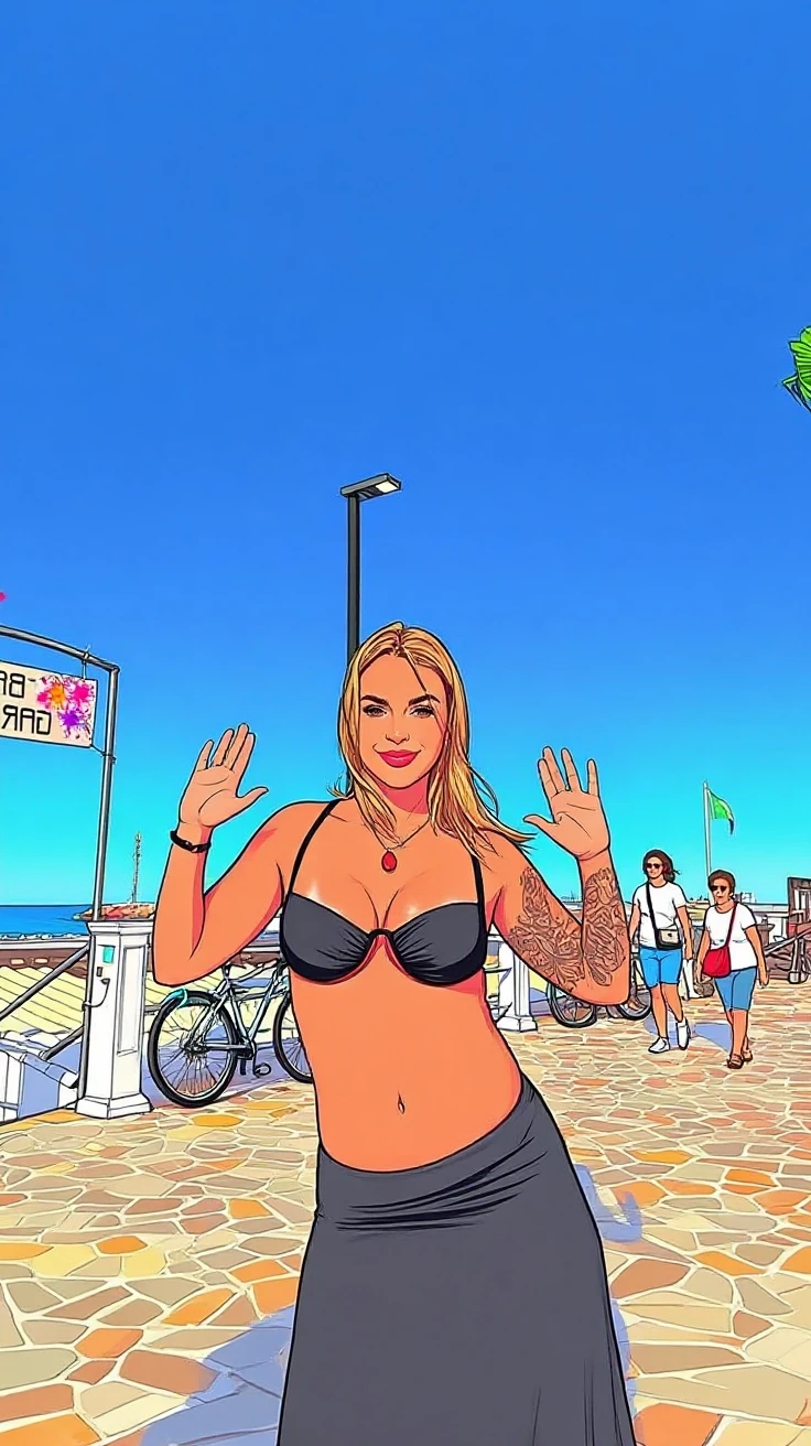 GTA Beach scene with a blonde american ganster woman and a huge sign with Text:"GTA VI LORA", Cinematic still, aidmaGTA6