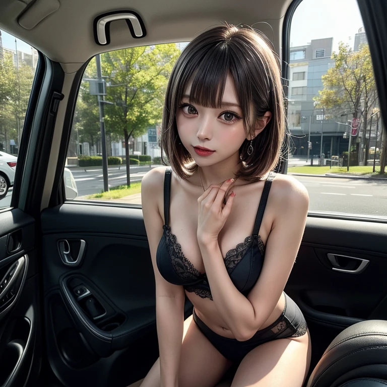 highest quality、8K、32K、masterpiece、nffsw:1.2,）((５Beautiful fingers in a book))、photo of cute japanese woman、very short bobbed hair、beautiful chest、whole body、black underwear、beautiful legs、necklace、ring（Hand Sign）verbal invitation, she keeps her mouth open, (just enough to make ends meet) background、Inside the car、balanced body、