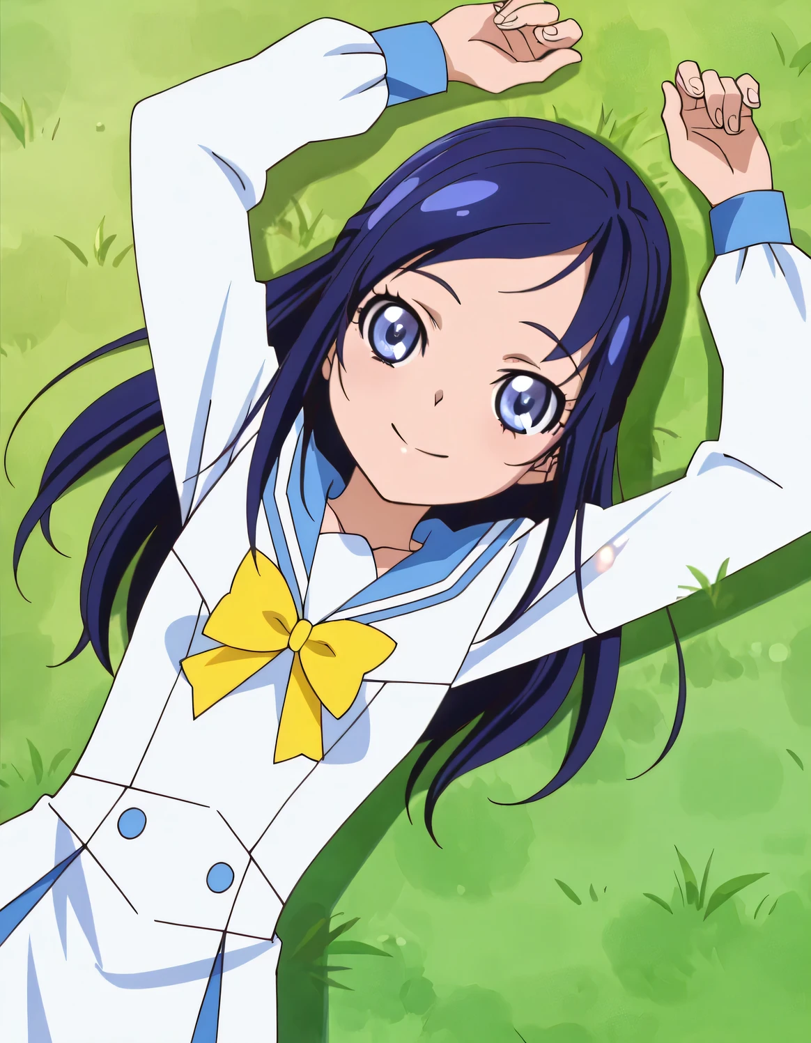 hishikawarikka, sailor collar, school uniform, blue sailor collar, yellow bow , anime screencap, best quality, solo, lying, on back, arms up, legs apart, closed mouth, on grass, from above, cowboy shot, looking at viewer, smile, high quality