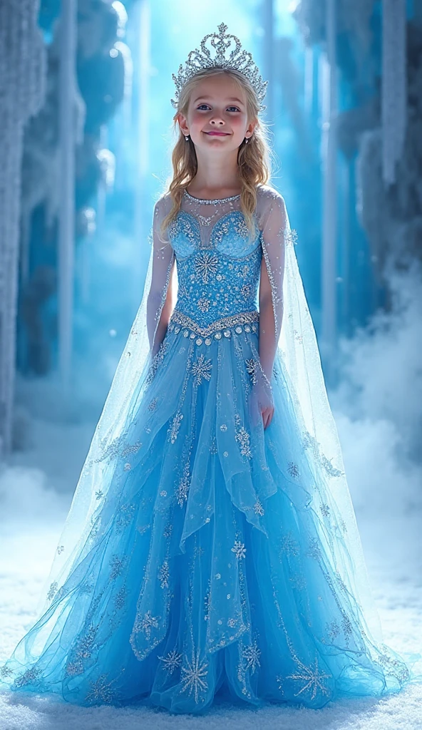 Ice princess, movie set, long beautiful dress, fantastic place, ice falling, sparkles