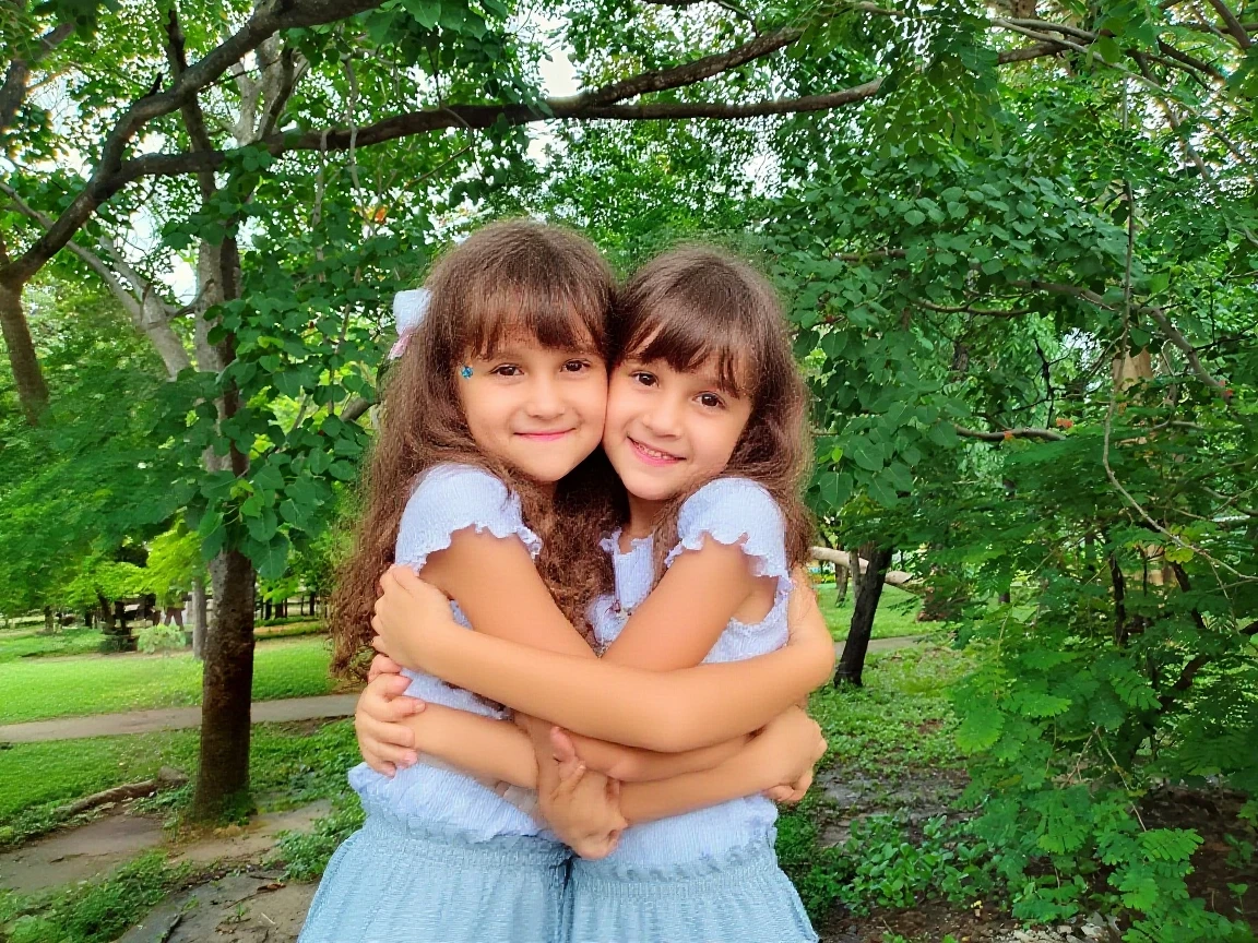 two girls, one 8 years old and the other 7 years old, hugging in a park, kissing on the cheek, baby face, she are happy, wearing ballet clothes, long hair, 8K, maximum perfection possible, similarity with reality, natural photo, wearing tiara, beijando na bochecha, dando beijo na bochecha, beijando, corpo todo,