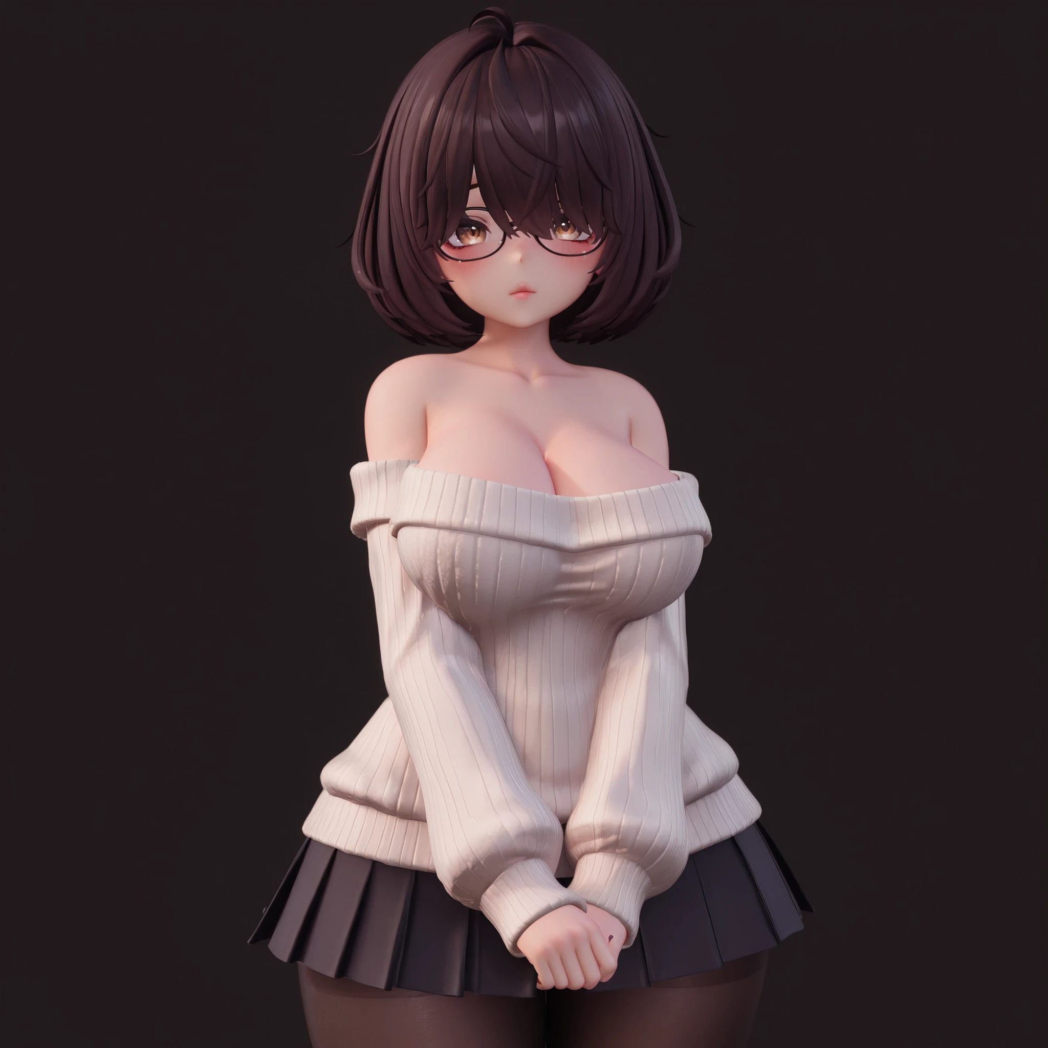 masterpiece, ultra-HD, impressionism, high detail, best quality, very aesthetic, 8K, best quality, beautiful, ultra-high resolution, 32K UHD, 3D, VRChatStyle, 1girl, solo, short messy dark brown hair, fluffy hair, hair over eyes, bob cut, glasses, almond-shaped eyes, brown eyes, eyelashes, eyeliner, pink lips, big breasts, narrow waist, wide hips, thick thighs, shapely legs, slim, white baggy ribbed off-shoulder sweater, cleavage, black, pleated skirt, black pantyhose, blushed, shy, cute, hands on lap, standing, looking at the viewer, simple background, from the front view