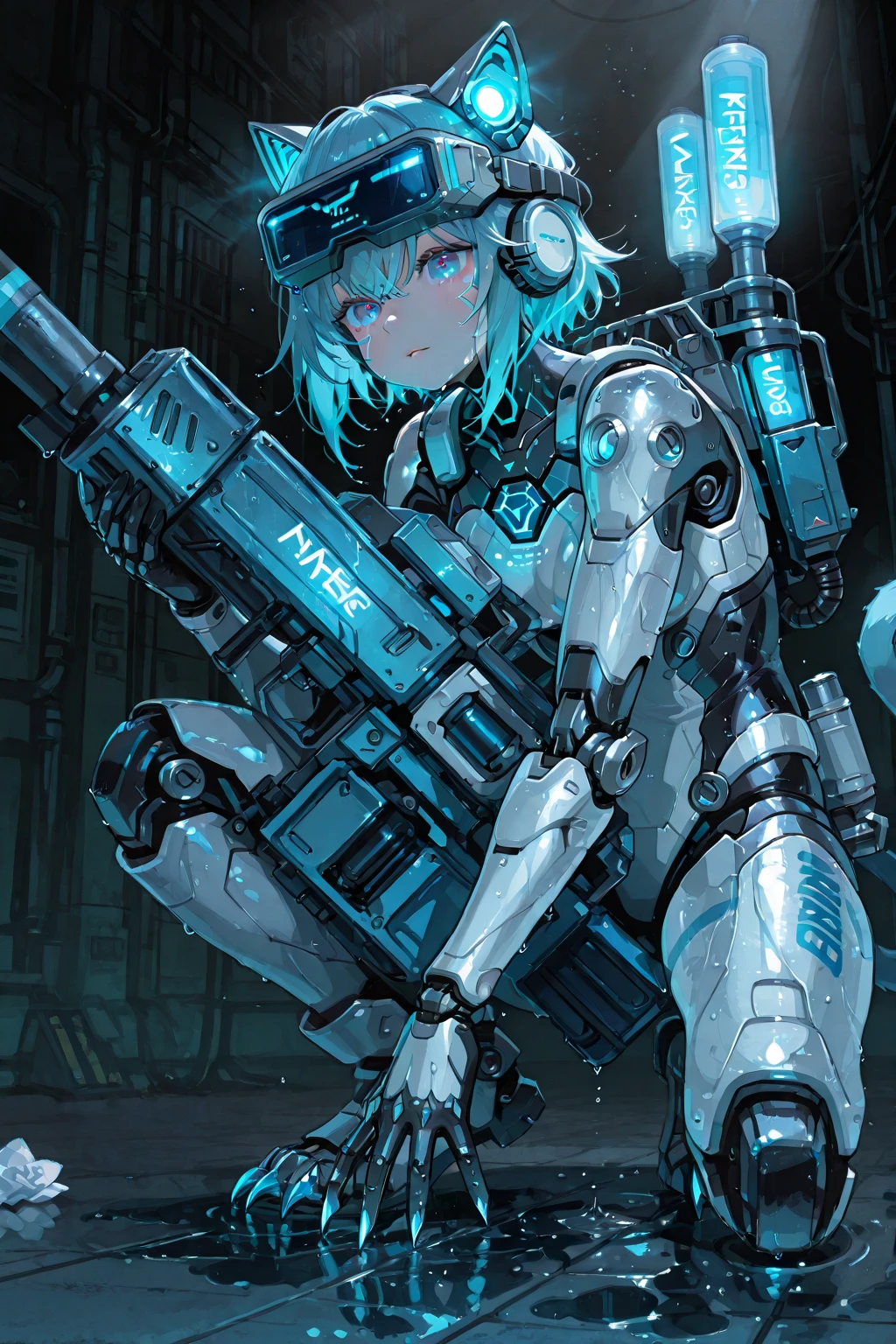 masterpiece, highly detailed, best quality, high quality, 1girl, (solo, solo focus), beautiful detailed eyes, beautiful detailed face, (perfect hands, complete fingers), perfect , perfect proportions, detailed shadows, detailed light, (blue  , (black leotard), shoulder holster,) matching gloves, (full blue pantyhose,  blue leggings, perfect fit), matching boots, full body, serious, full body costume design. hi-tech spy building, indoors. (holding assault rifle)