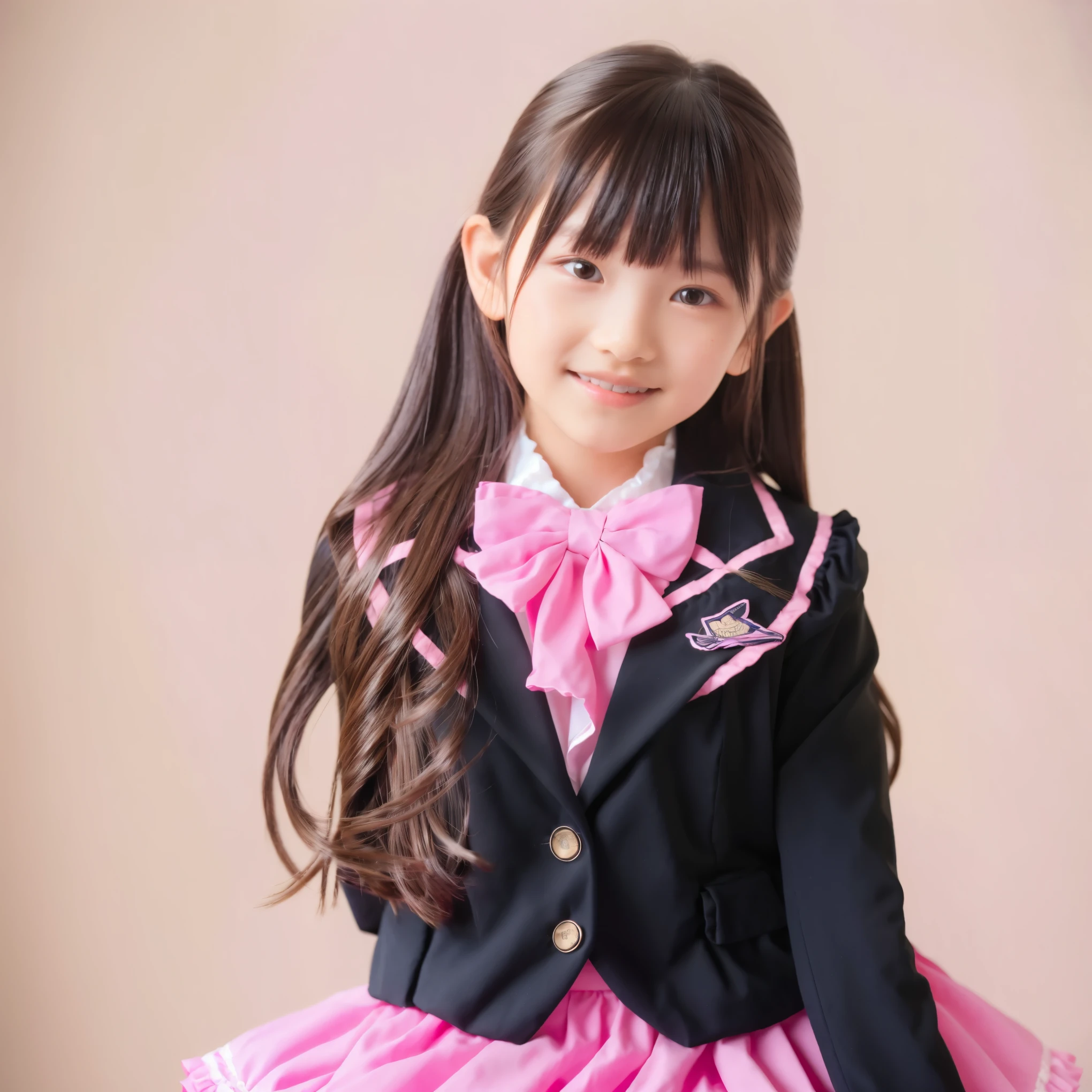 (8k,  Highest Quality, masterpiece:1.2),   ultra high res,  complicated details,  1 girl,  10 years old,beautiful faces, Smile Yang,elementary school graduation dress adorned cutely with ruffles and pink ribbons, （black blazer, frill sailor collar,red bow tie,long sleeve,ruffle sleeve,white ruffle blouse,cute with frills,medium skirt、PINK FRILLED SKIRT,Panniers,Pink backpack on the back:1.0）,  small breasts, round puffed hoop skirt,,add beautiful detail like, 