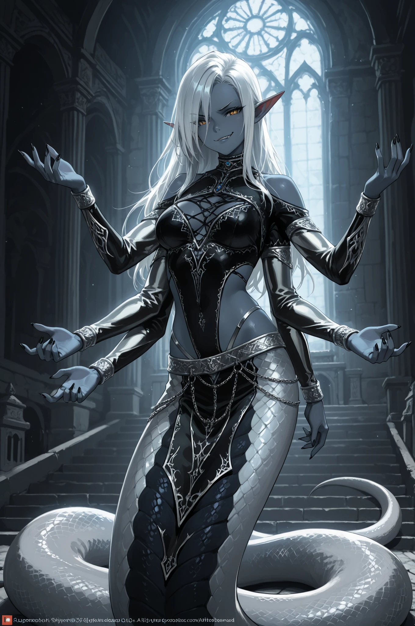 A female dark elf with blue-gray skin and the lower body of a gleaming silver lamia, and long wild white hair, wearing silver leather bdsm straps with black embroidery, she has 4 arms , predatory smirk expression, inside a gothic temple, exuding a dark fantasy aesthetic, ultra detailed, absolutely resolution, masterpiece.
extremely delicate depiction, extremely clear image, bold and dynamic, contrasts of light and shadow, 2.5D, artistic photography, hyper realistic, conceptual installation art