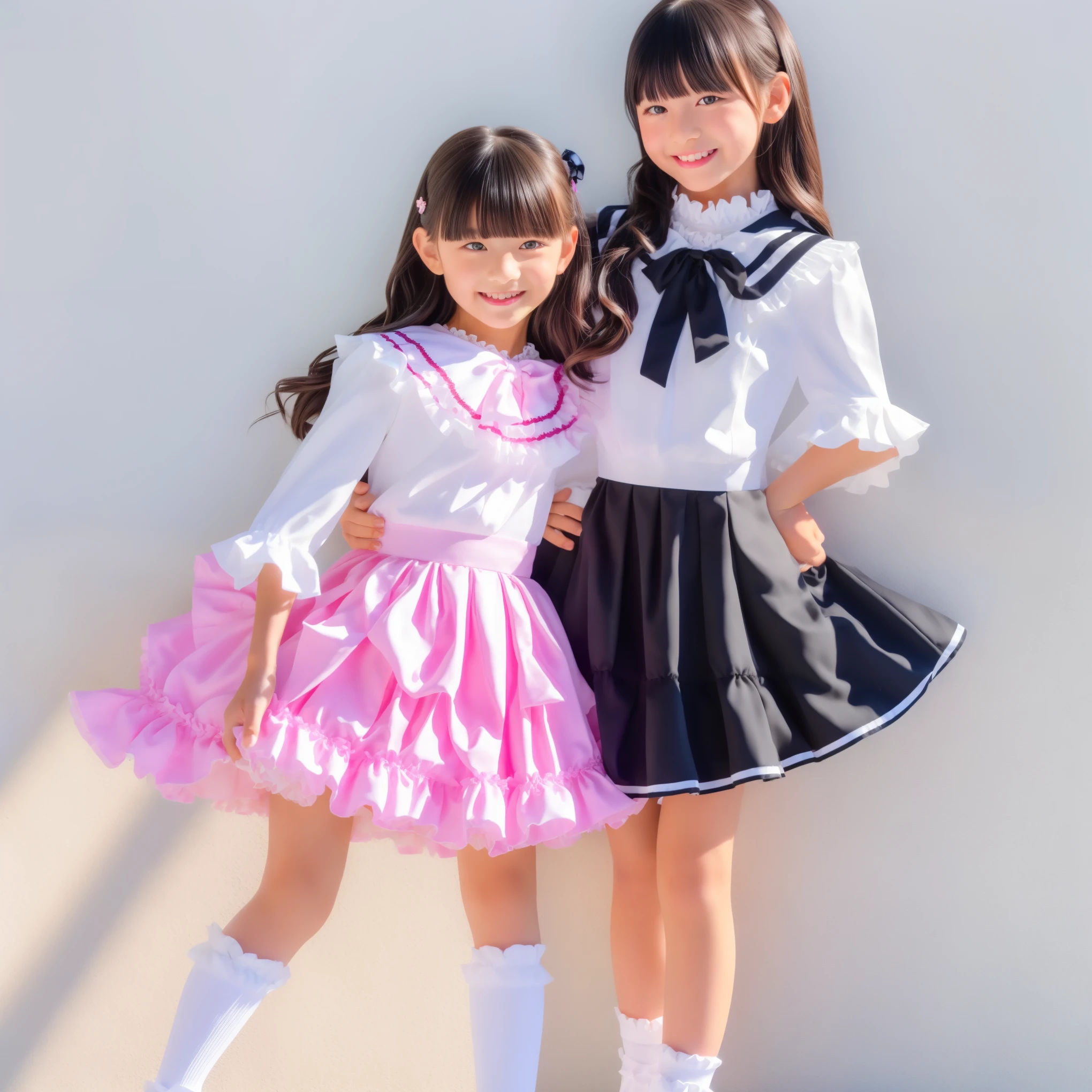 (8k,  Highest Quality, masterpiece,Full Body:1.2),   ultra high res,  complicated details,  1 girl,  10 years old,beautiful faces, black long hair,with back hair bundled with ribbons,smile,elementary school graduation clothes adorned in a cute way with ruffles and pink ribbons, （black blazer, frill sailor collar,red bow tie,long sleeve,ruffle sleeve,white ruffle blouse,cute with frills,medium skirt、pleated skirt,PINK FRILLED SKIRT,）Black long socks with frills,black loafers,small breasts, round puffed hoop skirt,,add beautiful detail like, outdoor,