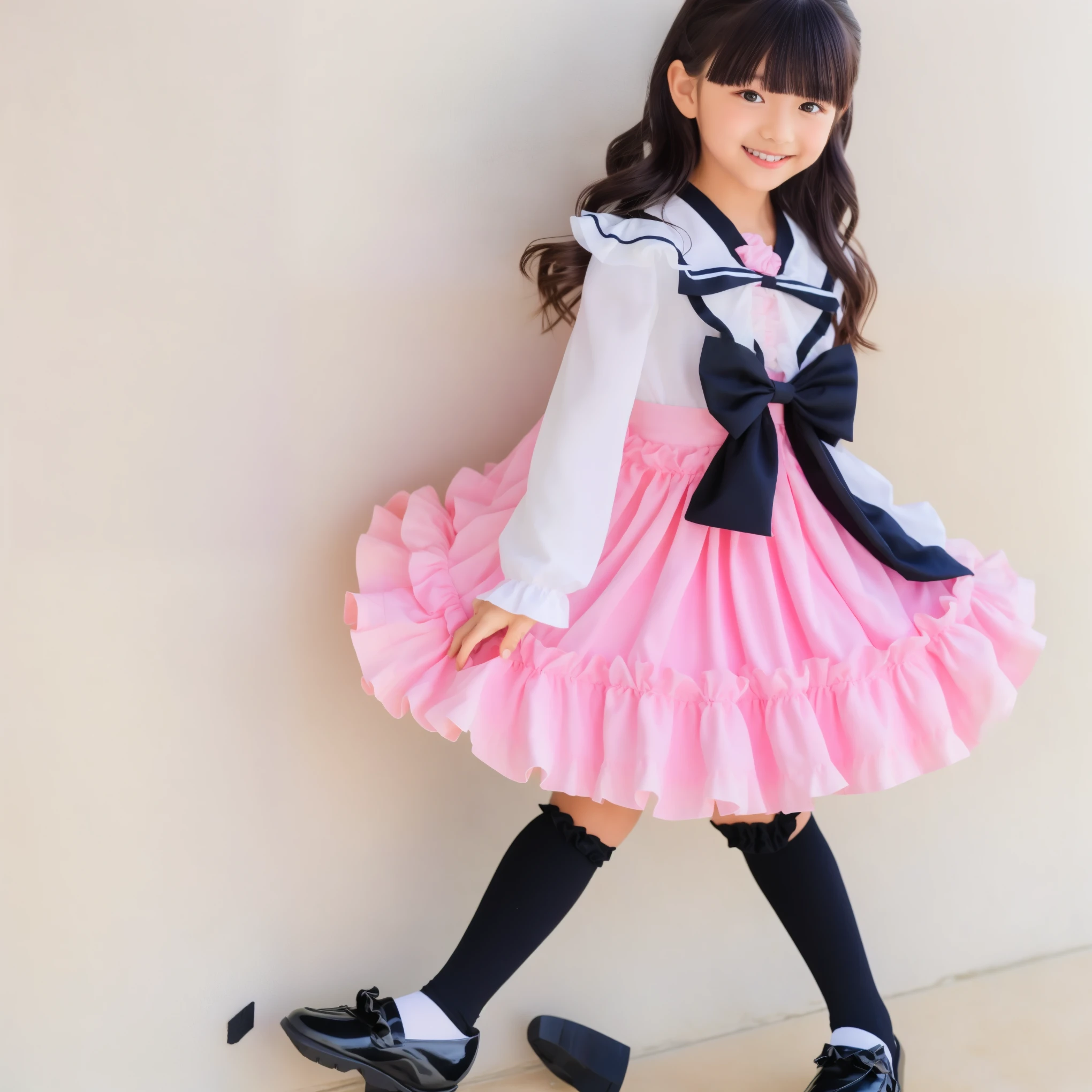 (8k,  Highest Quality, masterpiece,Full Body:1.2),   ultra high res,  complicated details,  1 girl,  10 years old,beautiful faces, black long hair,with back hair bundled with ribbons,smile,elementary school graduation clothes adorned in a cute way with ruffles and pink ribbons, （black blazer, frill sailor collar,red bow tie,long sleeve,ruffle sleeve,white ruffle blouse,cute with frills,medium skirt、pleated skirt,PINK FRILLED SKIRT,）Black long socks with frills,black loafers,small breasts, round puffed hoop skirt,,add beautiful detail like, outdoor,