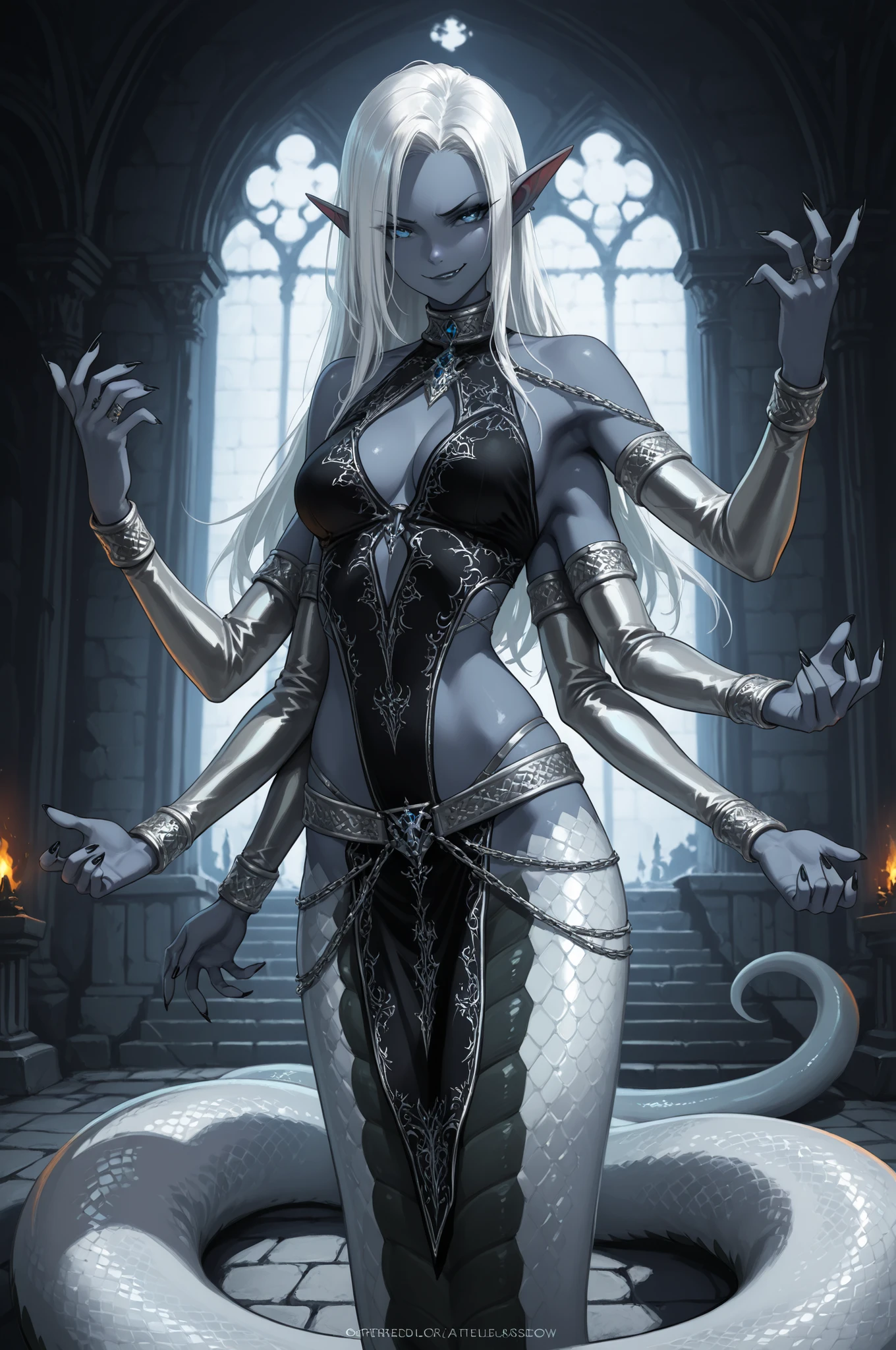 A female dark elf with blue-gray skin and the lower body of a gleaming silver lamia, and long wild white hair, wearing silver leather bdsm straps with black embroidery, she has 6 arms , predatory smirk expression, inside a gothic temple, exuding a dark fantasy aesthetic, ultra detailed, absolutely resolution, masterpiece.
extremely delicate depiction, extremely clear image, bold and dynamic, contrasts of light and shadow, 2.5D, artistic photography, hyper realistic, conceptual installation art