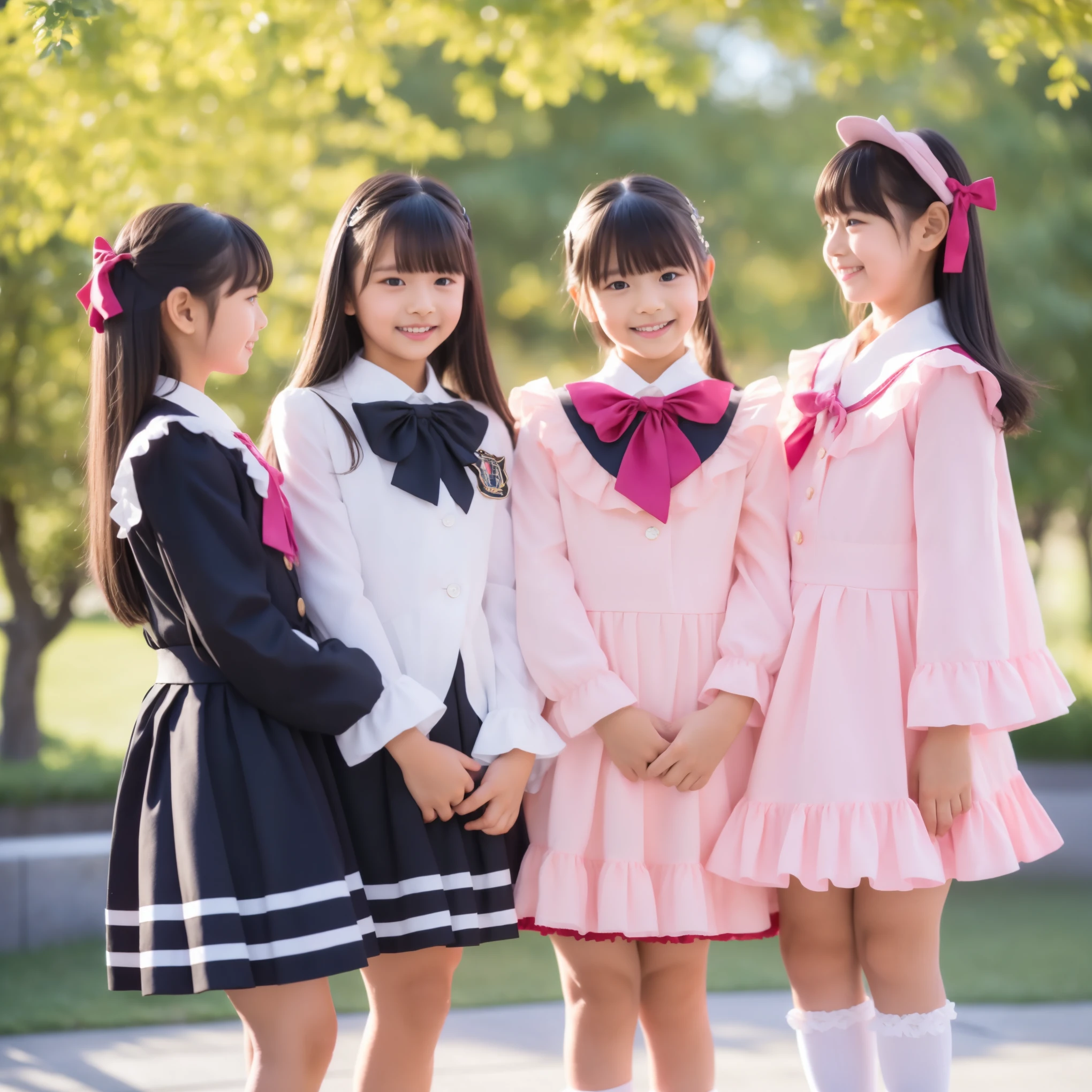 ((Distant view,Full Body:1.0)),Highest Quality, masterpiece, highest resolution, art work, super それにget used to it, many get used to it, get used to it, それにget used to it, 3k photos,,The Three Dames of the Noble Family,. ((10 Year Old Japanese Girls,Short Height:1.0)),super fine young face,lovely smile,baby-like face,is short, ultra high res,  complicated details,  black long hair,with back hair bundled with ribbons,smile,elementary school graduation clothes adorned in a cute way with ruffles and pink ribbons, （black blazer, frill sailor collar,red bow tie,long sleeve,ruffle sleeve,white ruffle blouse,cute with frills,medium skirt、pleated skirt,PINK FRILLED SKIRT,）Black long socks with frills,black loafers,small breasts, round puffed hoop skirt,,add beautiful detail like, outdoor,Detailed Background,