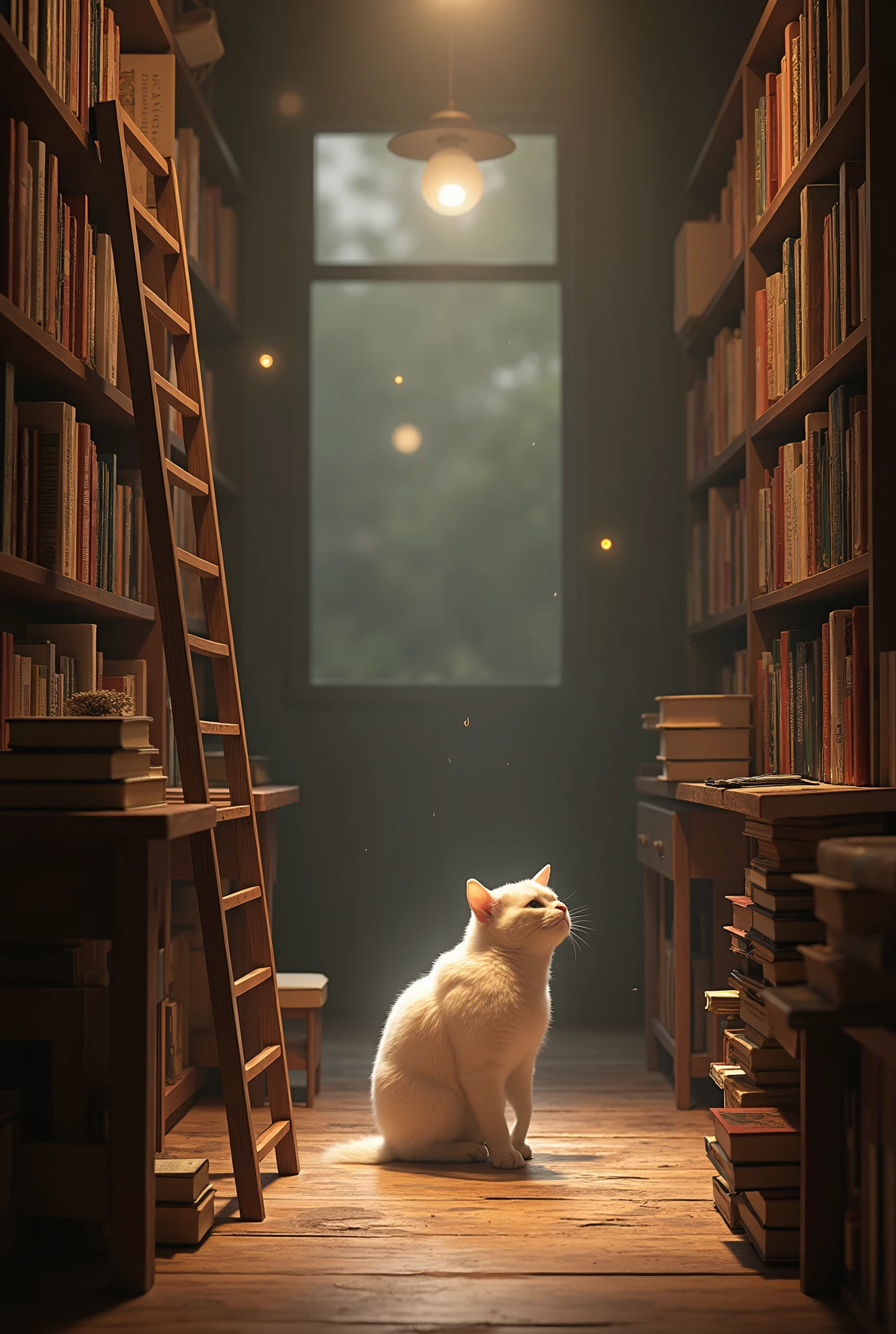 photorealistic, solo, no humans, 1 white cat, bookstore, indoor, bookshelf, book stack, wooden ladder, hanging light, dark room, from below,