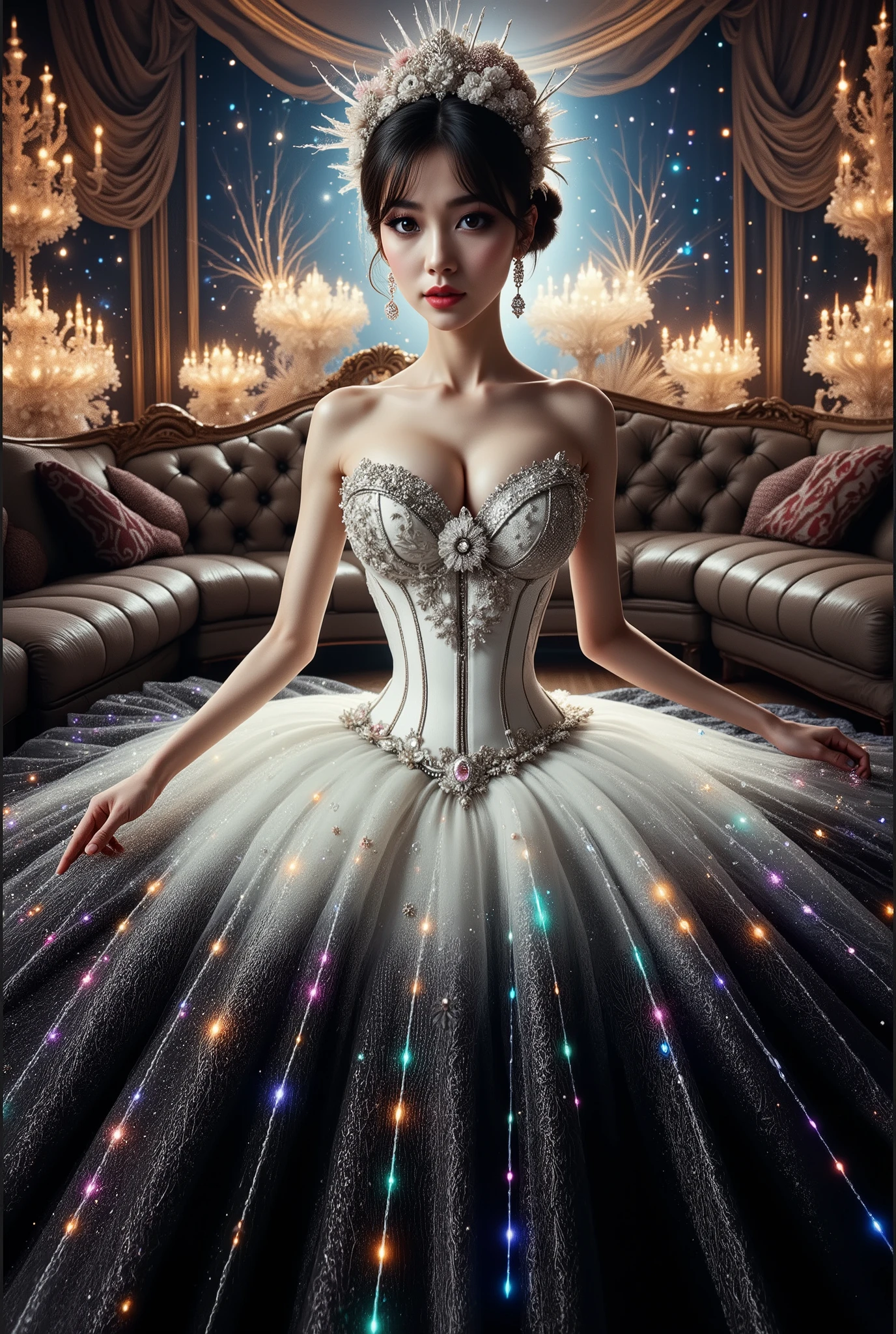 A beautiful Asian idol girl with white skin, douyin-style makeup face, eyelashes, With fake giant breasts, blue eyes, wearing a tight strapless dress that presses the breasts, with a sexy and slim body, a small waist, sitting in space, UHD, luxurious dress, a dress decorated with pearls, diamonds, jewels, and flowers, a dress emitting light, the most elegant and extraordinary dress, a fantasy dress, a beautiful digital artwork, a beautiful fantasy empress, wearing a strapless dress made of beads and carbon fiber, a photo with very sharp details, the best quality: 1.2),, (8k, high resolution, RAW photo, realistic, photo-realistic: 1.3), (detailed skin texture, detailed fabric texture, detailed element texture, exquisite detailed face: 1.25), professional lighting, photon mapping, beautiful soft light, radiosity, physically based rendering, raytracing, model shooting style, model shooting style, (highly detailed 8k unity CG Wallpaper), the most beautiful artwork in the world. (Body Navel) (chest push up)