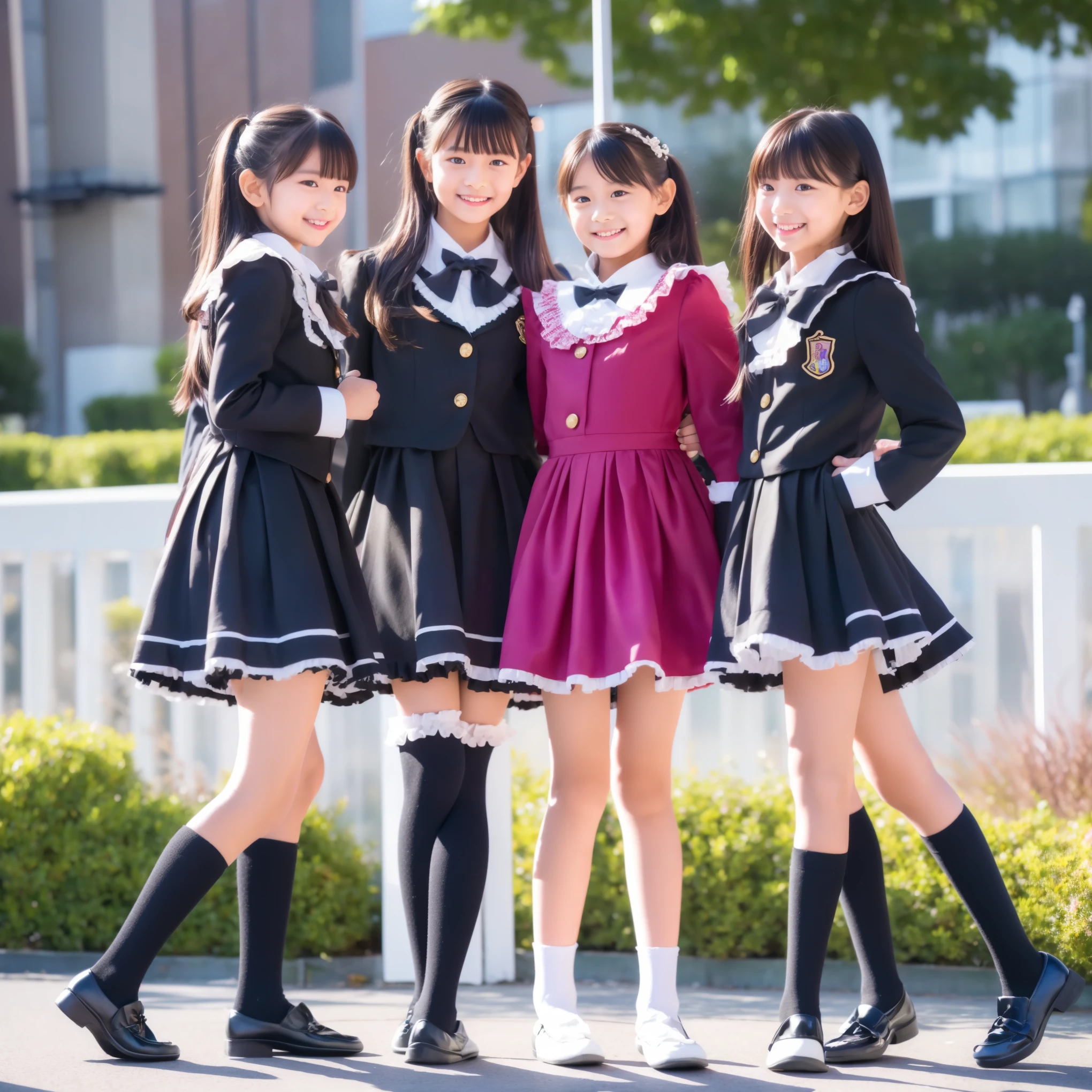 ((Distant view,Full Body:1.0)),Highest Quality, masterpiece, highest resolution, art work, super それにget used to it, many get used to it, get used to it, それにget used to it, 3k photos,,The Three Dames of the Noble Family,. ((10 Year Old Japanese Girls,Short Height:1.0)),super fine young face,lovely smile,baby-like face,is short, ultra high res,  complicated details,  black long hair,with back hair bundled with ribbons,smile,elementary school graduation clothes adorned in a cute way with ruffles and pink ribbons, （black blazer,frill collar,bow tie,long sleeve,ruffle sleeve,white ruffle blouse,cute with frills,medium skirt、pleated skirt,Frilled Skirt,Ultra-detailed outfit:1.0,）Black long socks with frills,black loafers,small breasts, round puffed hoop skirt,,add beautiful detail like, outdoor,Detailed Background,