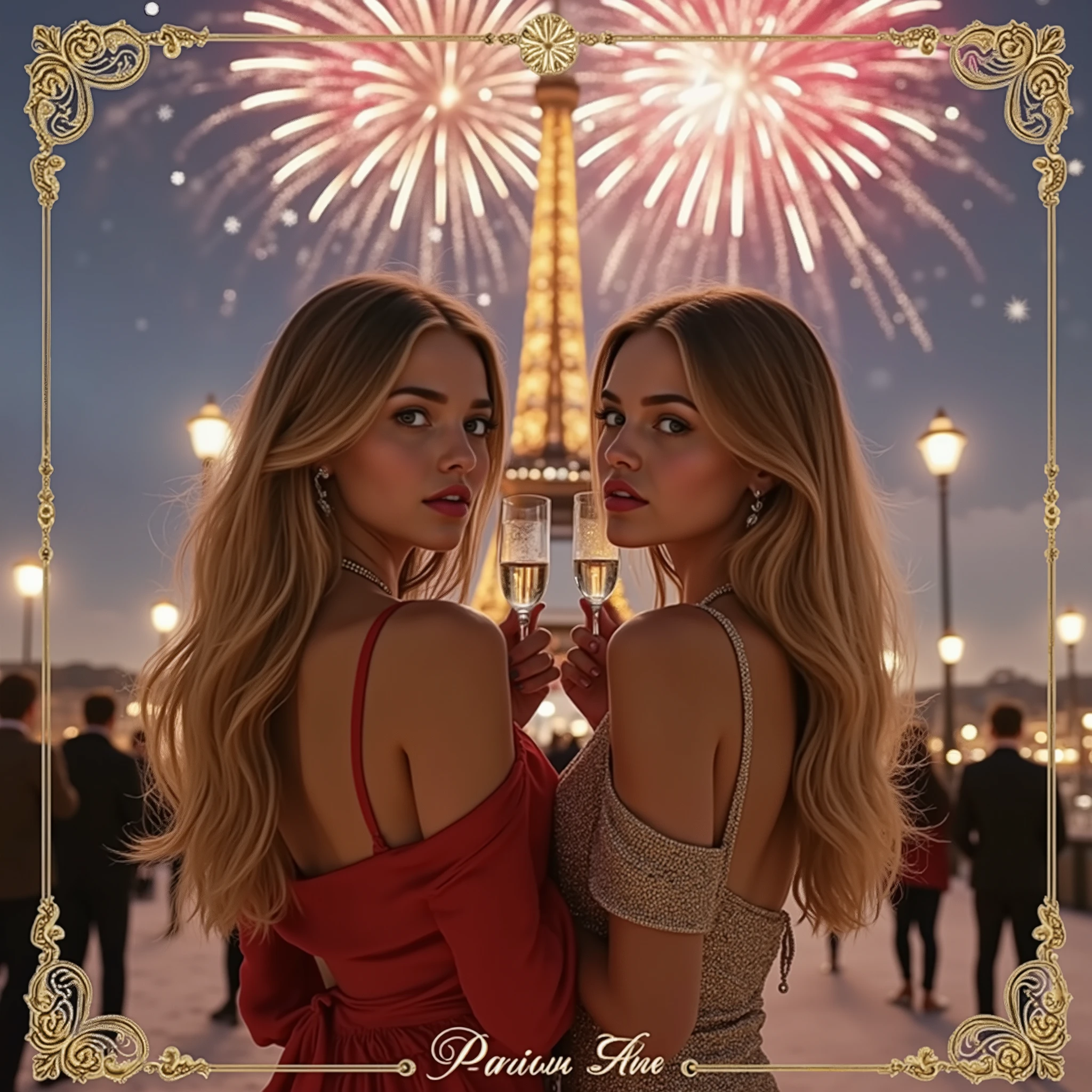 Women,Athletic girl,OLIVIA, jenna, teenager,
💋 : Two glamorous friends toast with glasses of champagne, captured in the magical light of the Parisian New Year's Eve fireworks behind the sparkling Eiffel Tower, like a seductive old vintage postcard.

🌟 : nostalgic postcard style with a modern touch, tonos cálidos de Gold and Blue noche profundo, Slight grain effect, 8K, cinematic contrast, dazzling fireworks lights against icy blue tones, ultra-detailed snow crystals and steam effects

🌌 : The Eiffel Tower in silhouette, surrounded by fireworks that explode in pink, Gold and Blue: the lights reflect on the Seine, snowy shore with blurry groups of people

😈 :

     bonds : A seductive brunette, Eiza, in a red silk dress with thin straps, loose skin stole around the elbows

 Right: His blonde girlfriend, Polina , in a shiny gold sequin dress, the toilet With the shiny necklace accent

🔥 : Las Womenes se paran espalda con espalda, turn gracefully to provide: their glasses are exactly when the fireworks explode behind them. The bottom edge of the postcard shows in ornamental gold letters:
"Bonne Année • Paris en Fête"

[Details of the postcard: Light yellowish tint like paper, Art Nouveau frame with gold relief, tiny "Postcard"Letters in the right corner]
