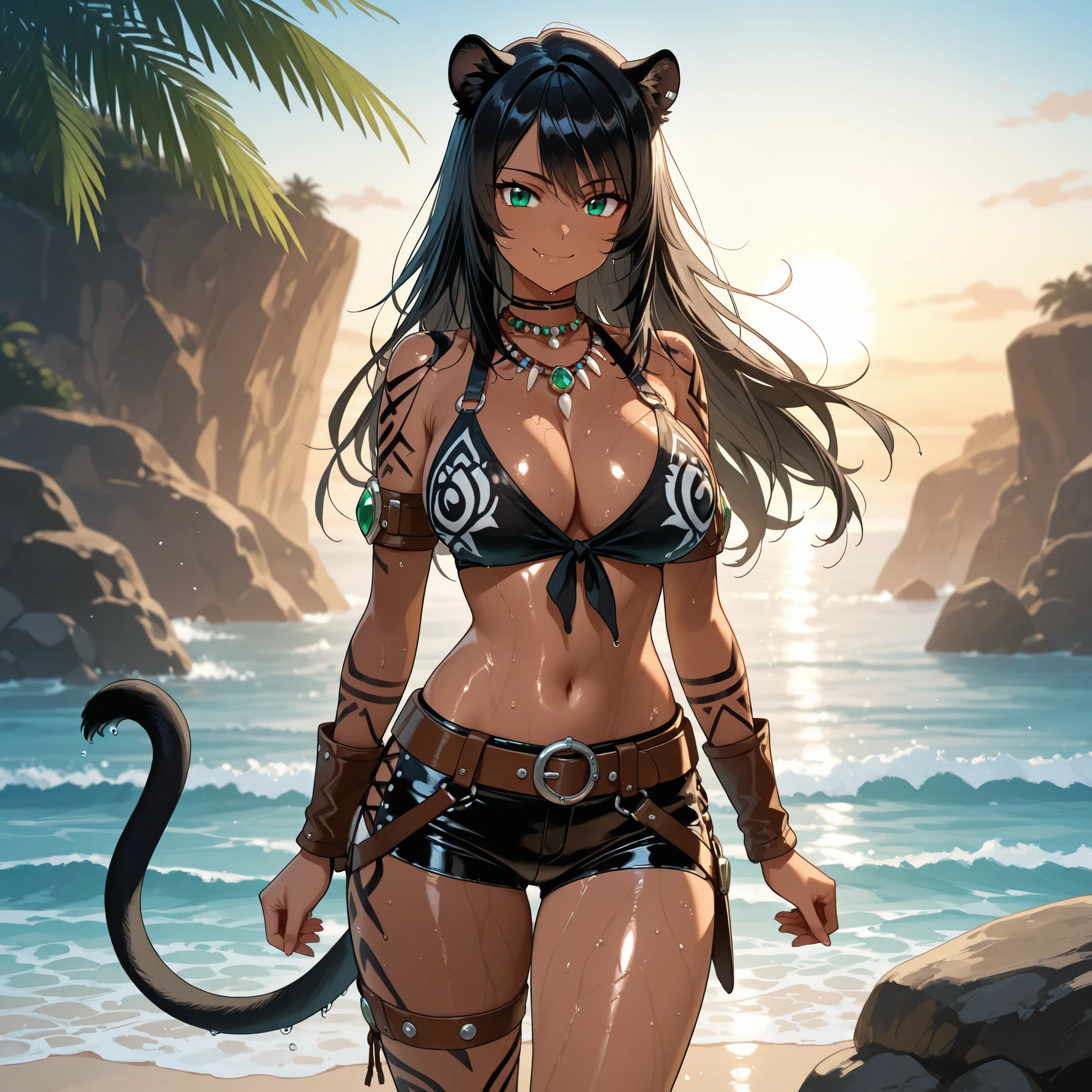 A beautiful panther-like demi-human with straight black hair, black feline ears and tail, emerald eyes, dark skin, a slender figure, and large breasts. She wears a hybrid tribal explorer-hunter outfit: a black panther-patterned blouse, reinforced with brown leather straps and metal buckles. She wears tribal leather shorts with side slits, held together by a wide belt adorned with pendants, stones, and small tribal ornaments. Accessories: a gem-studded and fang-studded necklace, leather and metal armbands, leather thigh and waist straps with decorative details, standing in the middle of a tropical beach with waves in the background... on a sunny day. Highly detailed anime art, smooth, shiny skin, wet bodies, large breasts, and a confident smile.