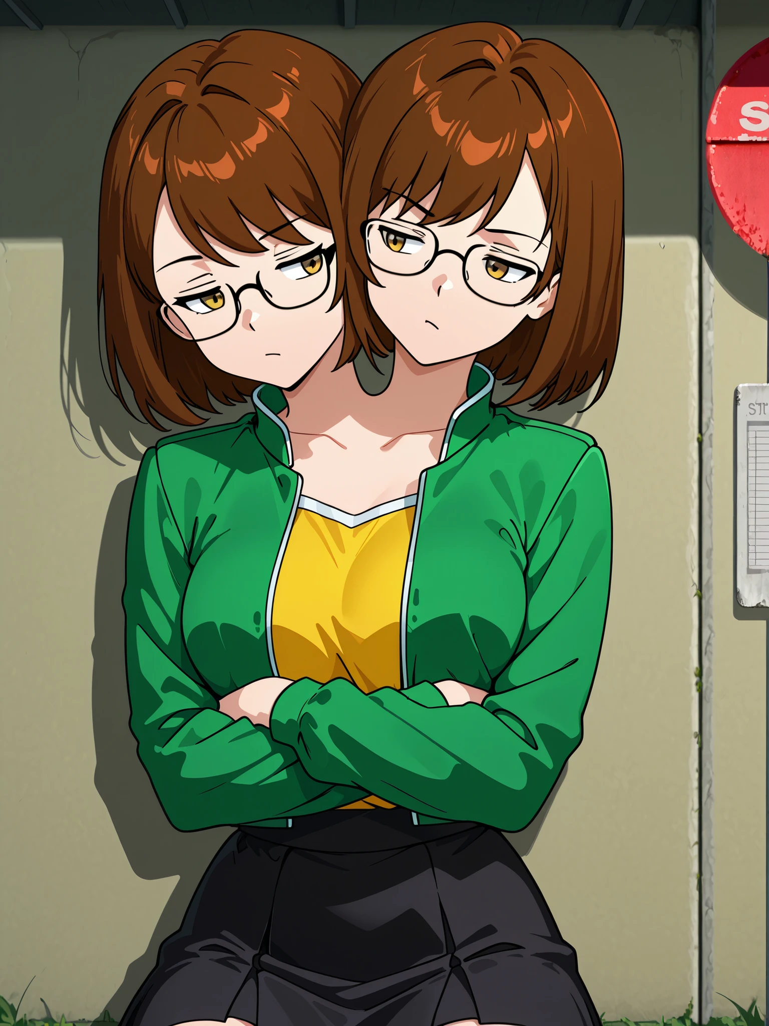 conjoined, anime girl with two heads, daria cosplay, bored, brown hair, glasses, green jacket, black skirt, arms crossed, suburban bus stop