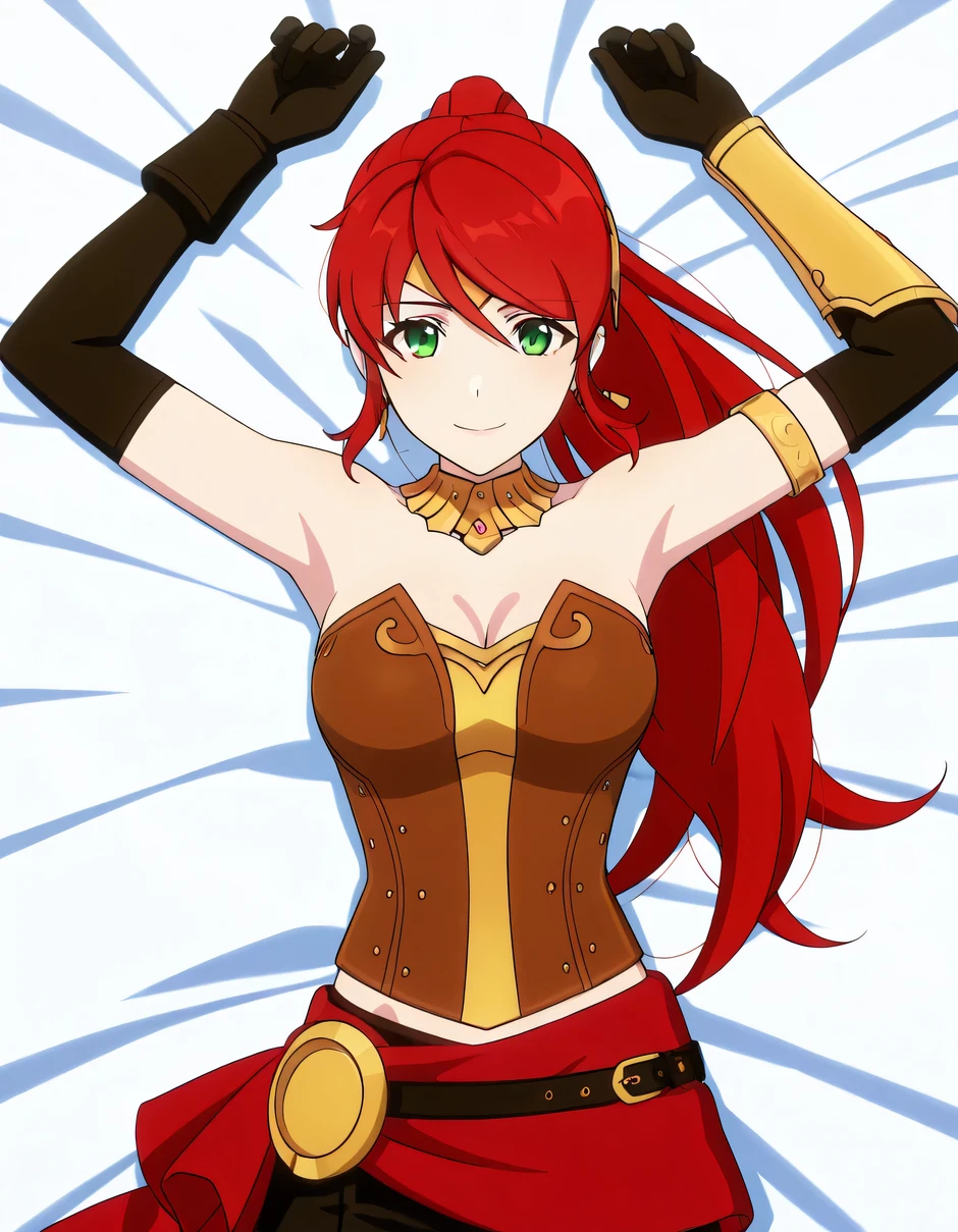 PyrrhaNik0s, 1girl, red hair, long hair, ponytail, green eyes, athletic female,
PyrrhaHuntress, bracers, elbow gloves, anime screencap, high quality, solo, lying, on back, arms up, legs apart, cowboy shot, from above, closed mouth, on bed, looking at viewer, smile, best quality,