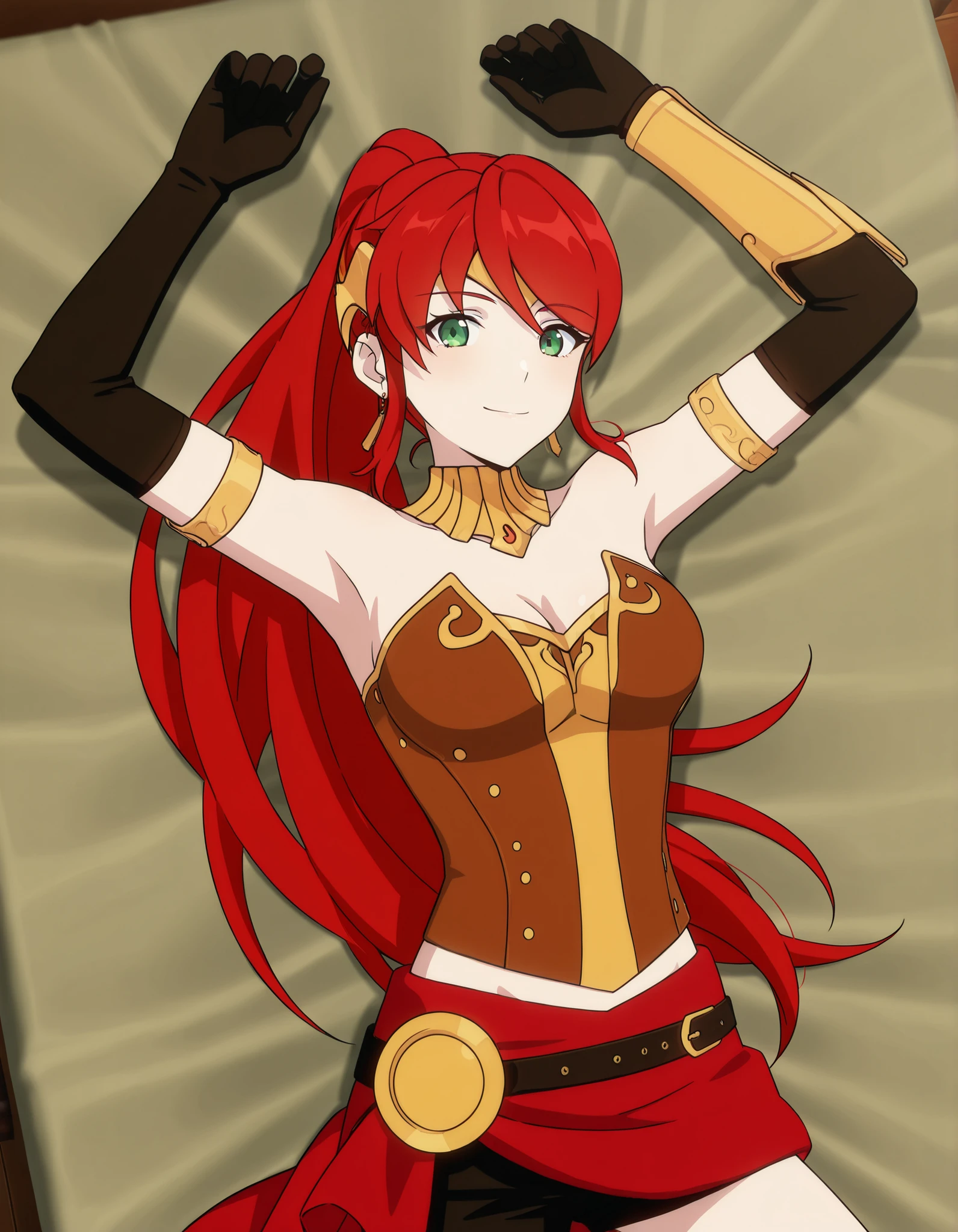 PyrrhaNik0s, 1girl, red hair, long hair, ponytail, green eyes, athletic female,
PyrrhaHuntress, bracers, elbow gloves, anime screencap, high quality, solo, lying, on back, arms up, legs apart, cowboy shot, from above, closed mouth, on bed, looking at viewer, smile, best quality,