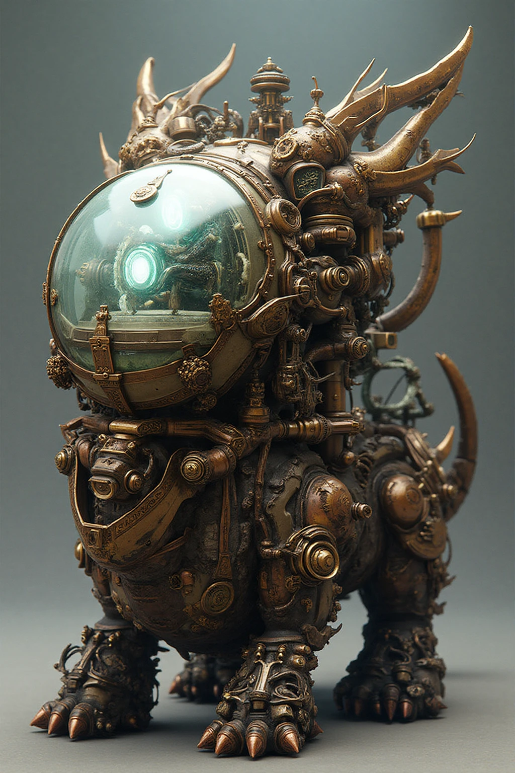Steampunk mechanical beast、Sealed Steampunk Pods, Tempered Glass Cockpit, Brass Frame Hull, Built-In Cockpit, Steam Injection Engines, Decorative Exterior, Gear Mechanisms, Translucent Cockpit, Copper Pipeline, fantasy、Chinese Kirin Exterior
