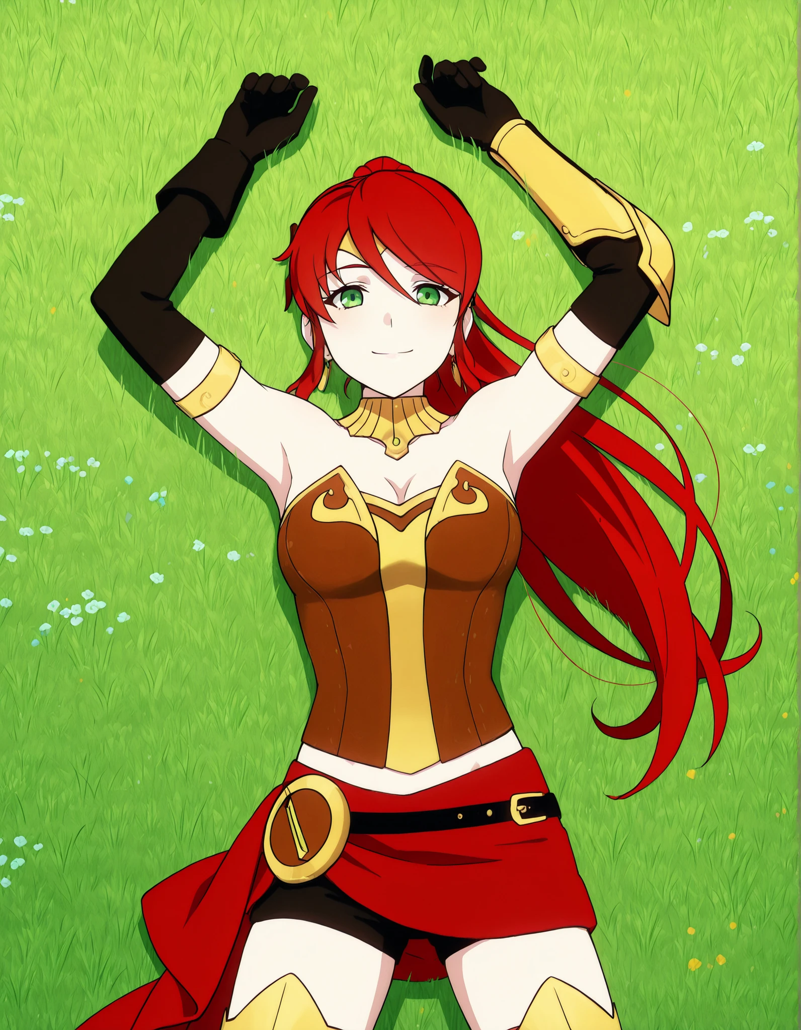 PyrrhaNik0s, 1girl, red hair, long hair, ponytail, green eyes, athletic female,
PyrrhaHuntress, bracers, elbow gloves, anime screencap, high quality, solo, lying, on back, arms up, , cowboy shot, from above, closed mouth, on grass, looking at viewer, smile, best quality,