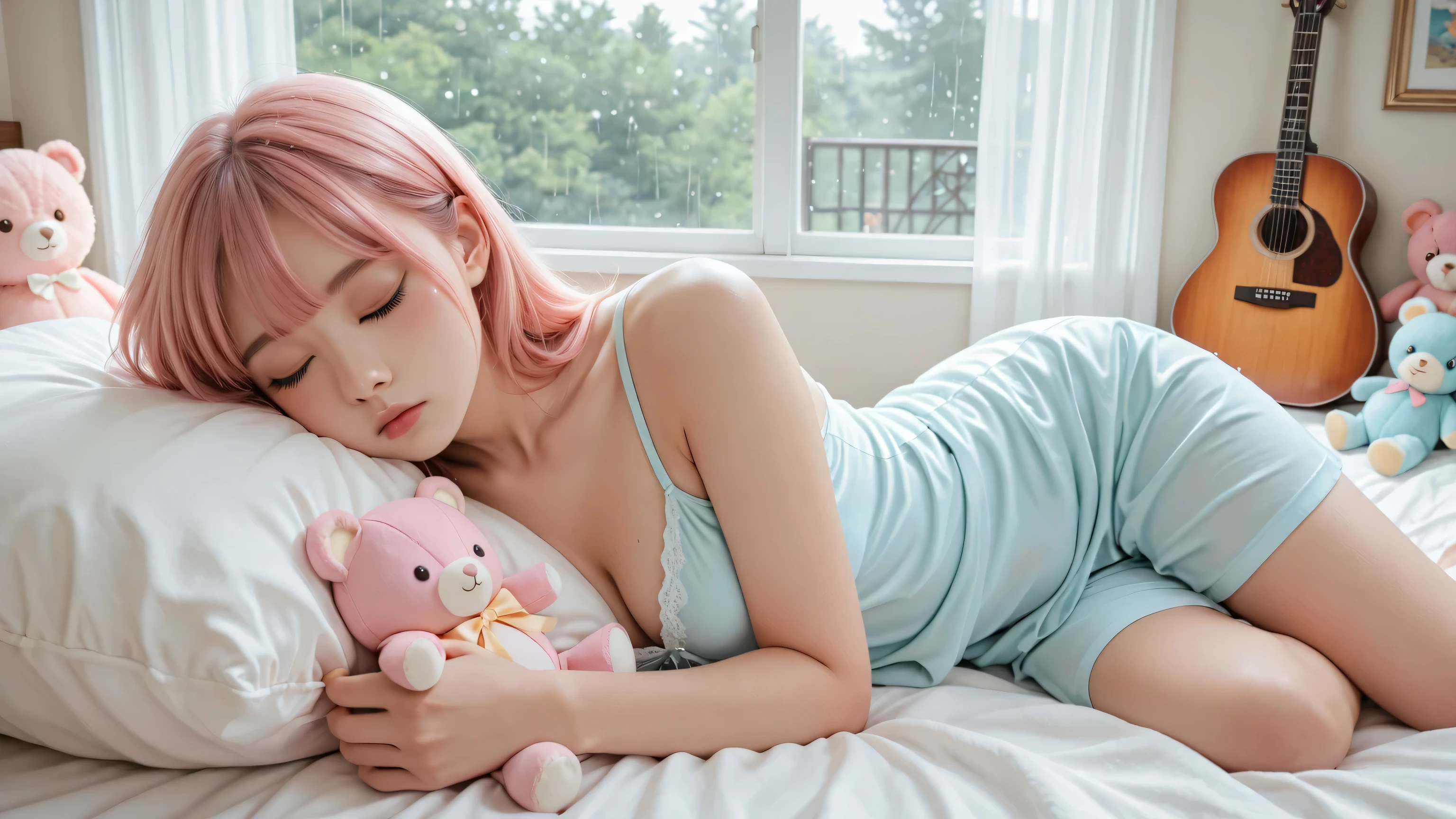A cute young woman with pink hair sleeping peacefully on a cozy bed, eyes closed, lying on her side with her hips slightly under a soft blanket. Her body looks natural and feminine. The room has a large window showing rainy weather outside in the night. The bedroom is decorated in a feminine and cute style, with soft colors, plush toys, and personal touches, but also has a guitar acoustic leaning against the wall. Soft lighting, calm and dreamy atmosphere, relaxing vibe.