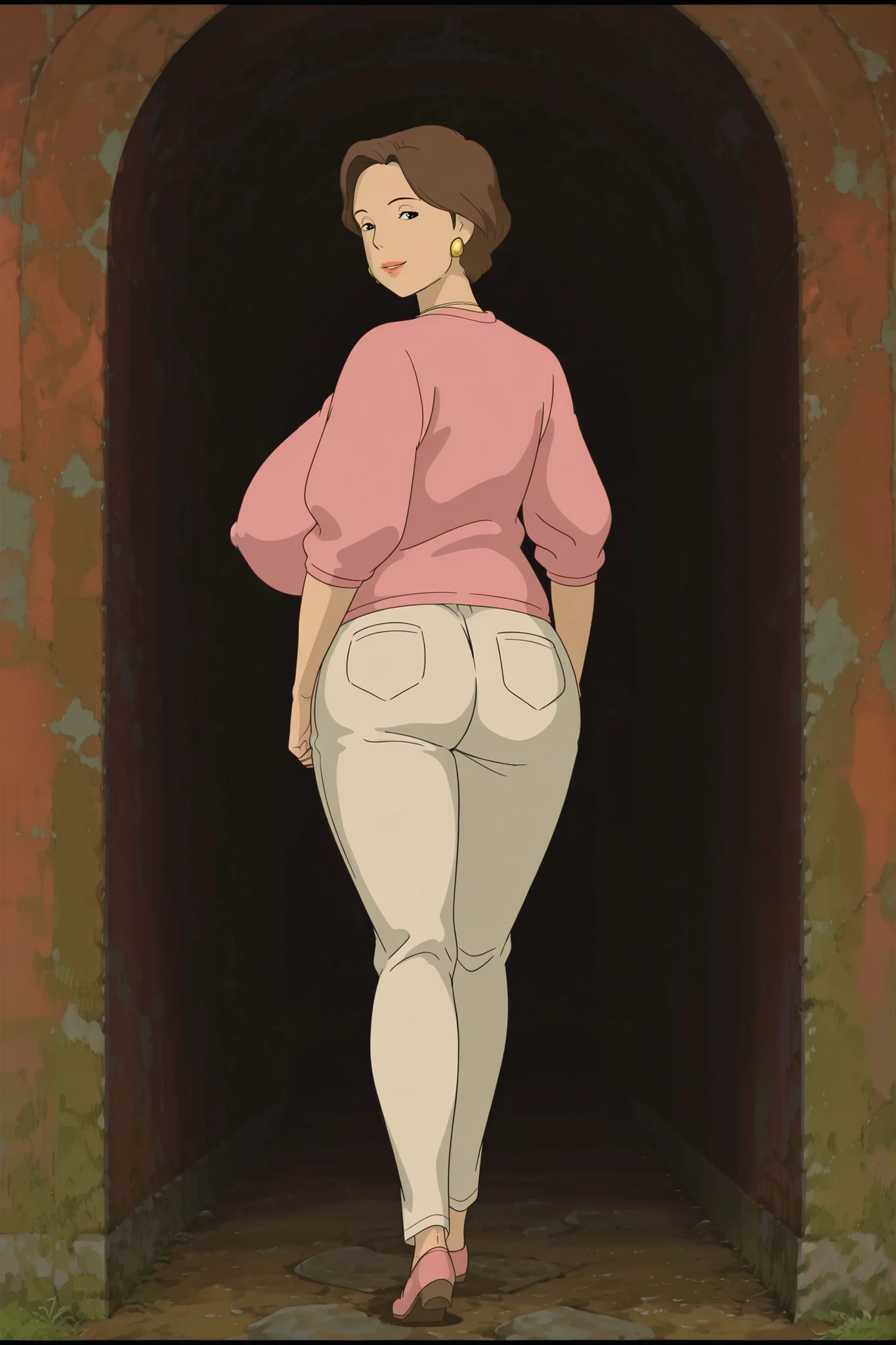 source_anime, anime coloring, anime screencap, flat color, best quality, masterpiece, soft light, official art, masterpiece, highquality, highres, absurdres, epic scene, natural textures, highest quality, 8K, Ultra-HD, ultra detail, epic scene, natural textures, very aesthetic, perfect anatomy, highres, detailed background, official art, full body, from behind, looking at viewer, 1girl, solo, yuuko ogino, Spirited Away, erotic, milf, mature woman, mom, brown hair, black eyes, narrowed_eyes, short hair, golden earrings, lipstick, seductive smile break, (gigantic breasts:1.2), (erect nipples:1.3), huge thighs, huge butt, wide hips, chubby body, slim waist, long legs, Emphasis on buttocks, standing, outfits,