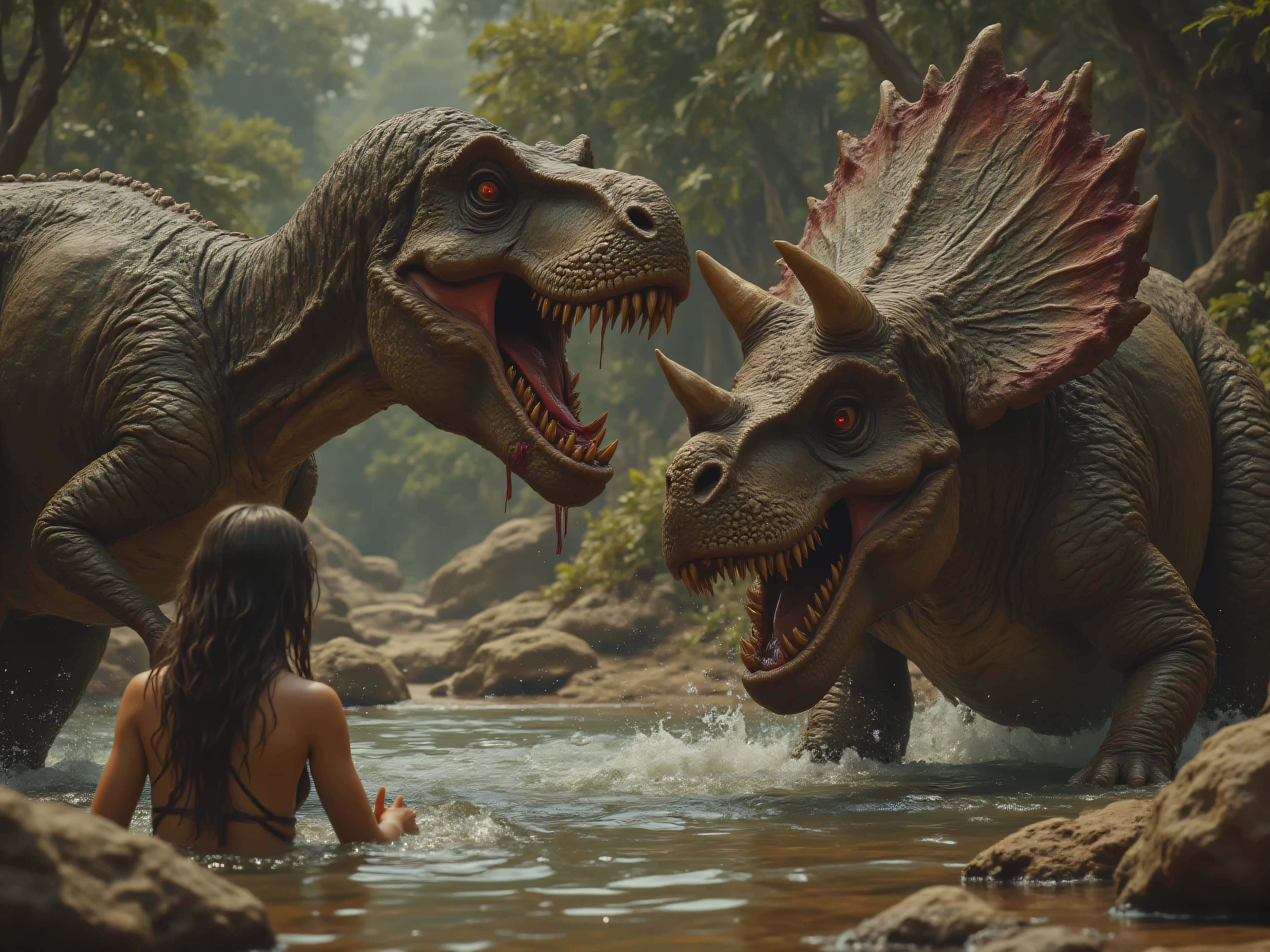 Prehistoric era, A Tyrannosaurus Rex and a Triceratops are fighting in a watering hole. A nearby young cavewoman in the water looks scared. The Triceratops already has damage around the face, missing chunks of flesh, blood flowing, Ultra-realistic, photo-realistic, cinematography, UHD, high-res, best quality, cinematic photography, icon style, iconic characters, attention to details, dinosaurs have heads wet with moisture from their eyes, noses, and mouths, making the texture of their skin look more realistic. Ultra-realistic, photo-realistic, ultra-detailed, cinematography, UHD, high resolution, 8k, icon style, iconic characters, best quality, masterpiece