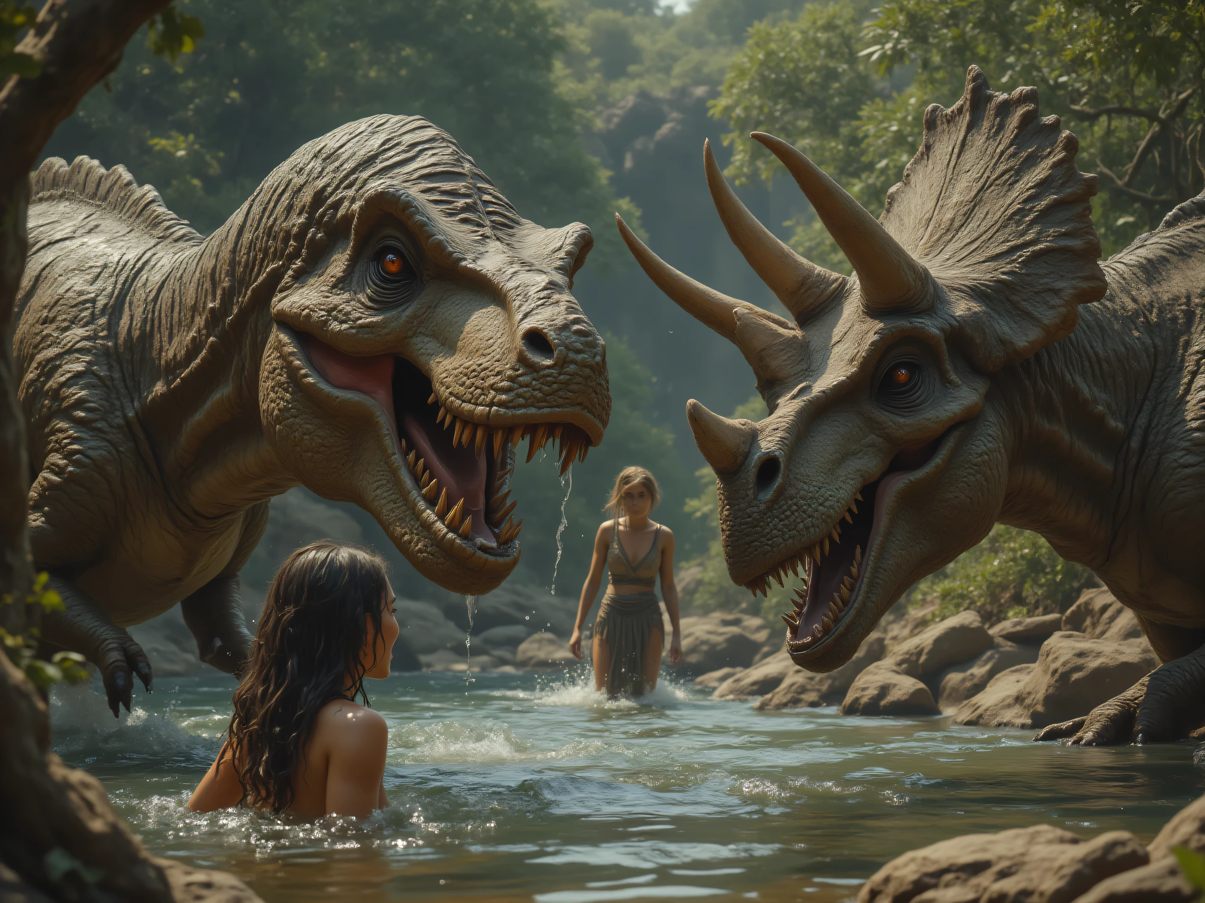 In prehistoric times, A Tyrannosaurus Rex and triceratops are fighting in a watering hole. A nearby young cave woman in the water looks scared. Ultra-realistic, photo-realistic, cinematography, UHD, high-res, best quality, cinematic photography, icon style, iconic characters, attention to details, dinosaurs have heads wet with moisture from their eyes, noses, and mouths, making the texture of their skin look more realistic. Ultra-realistic, photo-realistic, ultra-detailed, cinematography, UHD, high resolution, 8k, icon style, iconic characters, best quality, masterpiece