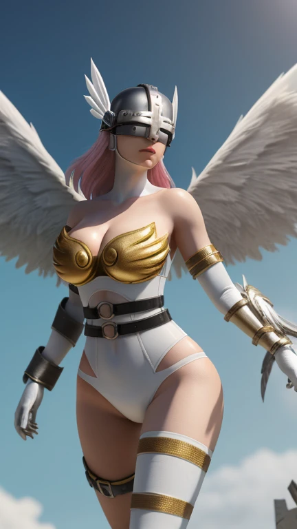 Angewomon, Digimon, (highly detailed face: 1.2), (photorealistic skin: 2), realistic texture, by lee jeffries, nikon d850, film bank photographs, 4 kodak portra 400, camera f1.6 lens, rich colors, cinestill 800, dramatic lighting, beautiful lighting, nikon d850, (photo made with canon eos r5:1.2), dslr, (hdr: 1.2), (35mm stock film: 0.3), Fujifilm XT3, (fisheye:  0.55), (8k uhd, RAW photo, best quality, masterpiece:1.2), (hyper realistic, photorealistic:1.37), realistic texture, solo, 1girl, (:1.15), (winged helmet:1.3), (helmet over eyes:1.3, helmet on), (white multiple wings, white wings:1.3, pink hagoromo, single glove), (strapless ), (white , gold falling bra, black belt), (two belts), (full body:1.3),  (split lips:1.2), (25 years:1.5) (sky), flying, floating, angel, --auto --s2