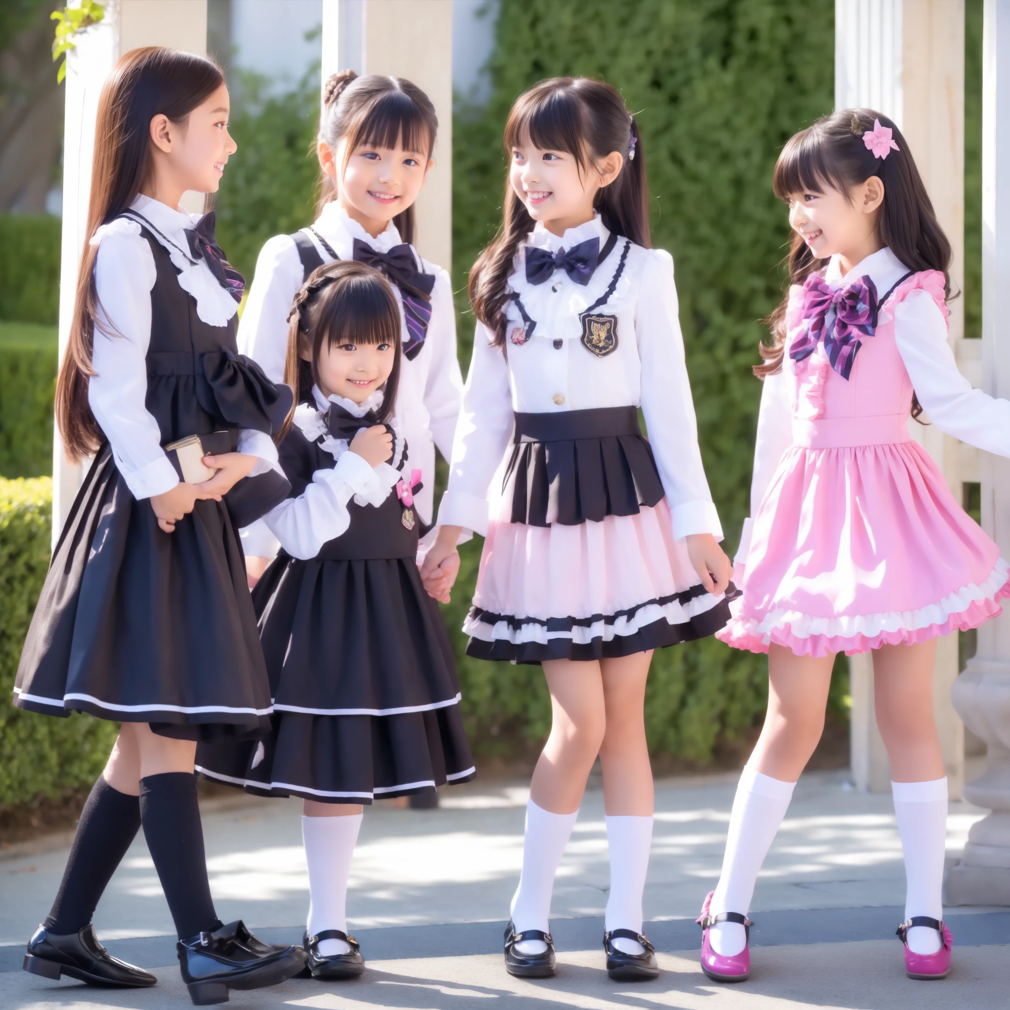 ((Distant view,Full Body:1.0)),Highest Quality, masterpiece, highest resolution, art work, super それにget used to it, many get used to it, get used to it, それにget used to it, 3k photos,,The Three Dames of the Noble Family,. ((10 Year Old Japanese Girls,Short Height:1.0)),super fine young face,lovely smile,baby-like face,is short, ultra high res,  complicated details,  black long hair,with back hair bundled with ribbons,smile,Pink school uniform adorned in a cute way with ruffles and pink ribbons, （blazer after face,frill collar,bow tie,long sleeve,ruffle sleeve,white ruffle blouse,cute with frills,medium skirt、pleated skirt,Frilled Skirt,Ultra-detailed outfit:1.0,）Black long socks with frills,black loafers,small breasts, round puffed hoop skirt,,add beautiful detail like, outdoor,Detailed Background,