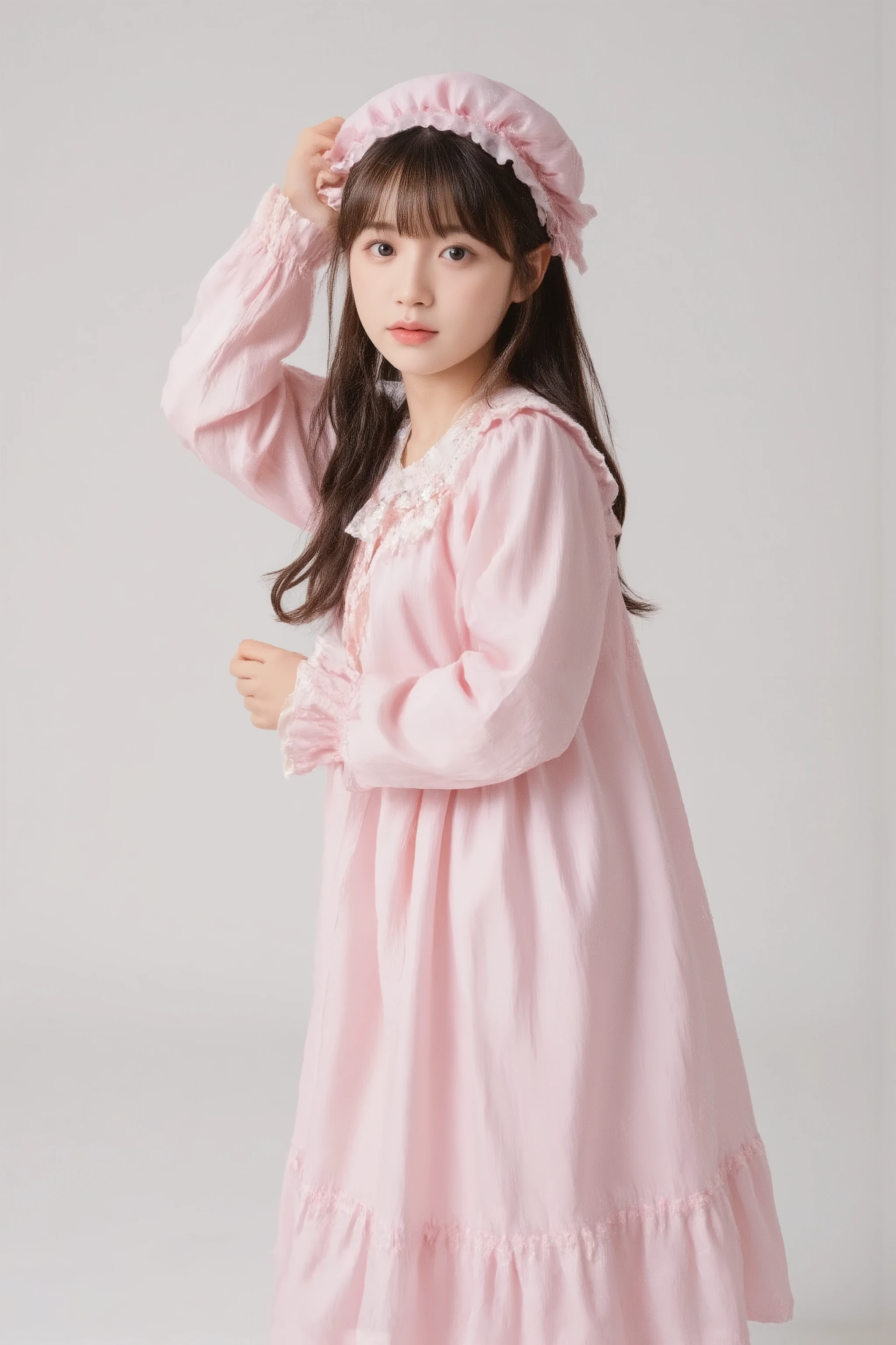 high quality,Super Detailed,3k photos,get used to it,girl in a pink nightgown,long sleeve,Long Skirt,pink ruffle round hat,10 years old,Japanese,full body,white background,anatomically correct hands,looking at the camera,