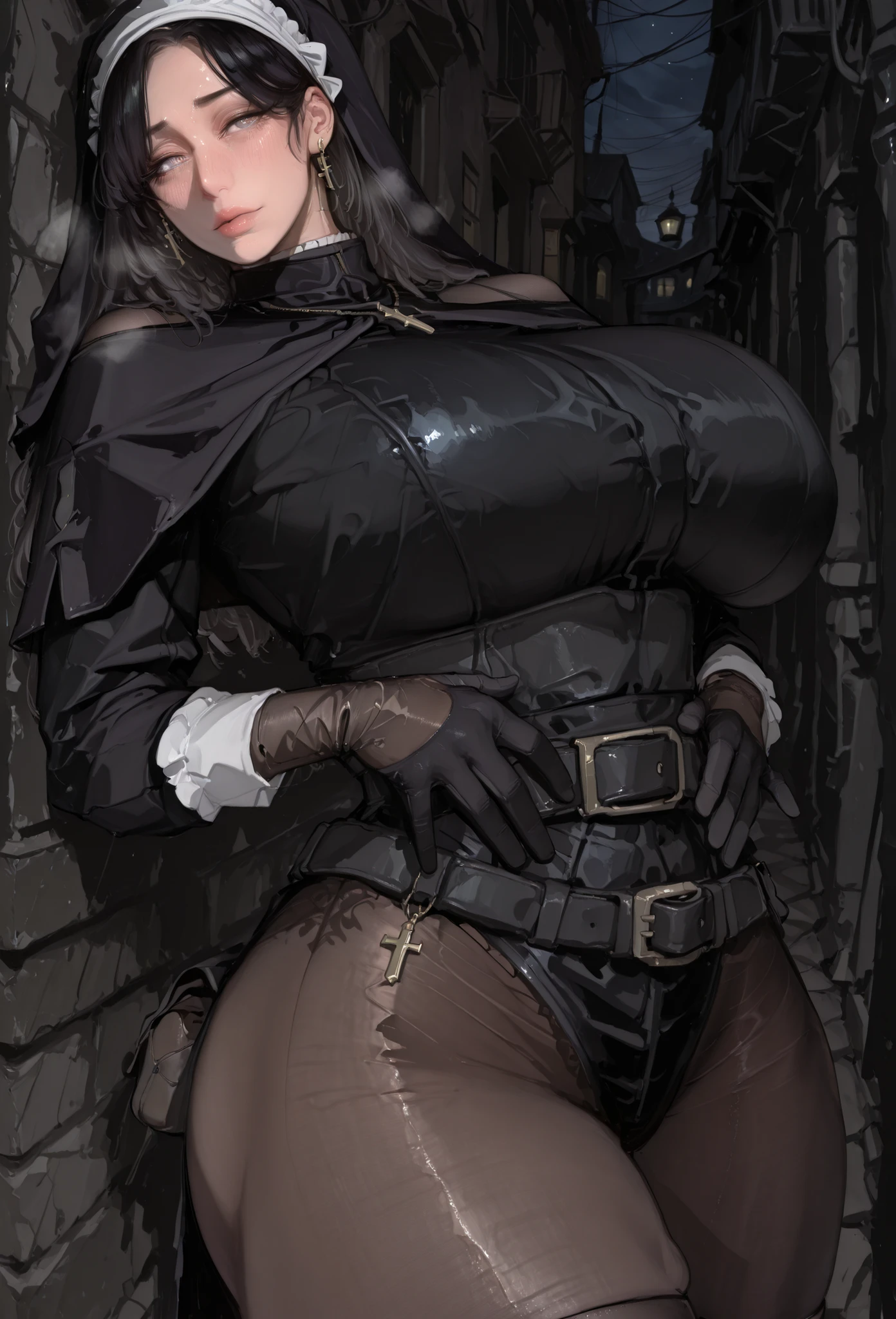 t0mb0ys1s, cross necklace, cross earrings, veil, long gloves, grey eyes, parted bangs, black hair, long hair, straight hair, black light armor, black capelet, black belt, black belt pouch, black ankle boots, black nun outfit, black glove, pantyhose, mamimi, beautiful faces, beautiful eyebrows, huge Breasts, wide hips, huge ass, thick legs, thick arms, look at the viewer, fully cloth, (8k , top quality , masterpiece) , (realistic , raw photo , super fine clear), make up, mascara, no eyeshadow, slightly blush, 1 girl, solo, abandon village, alley, night, mature woman, milf, standing still, hands rest on waist, calm,