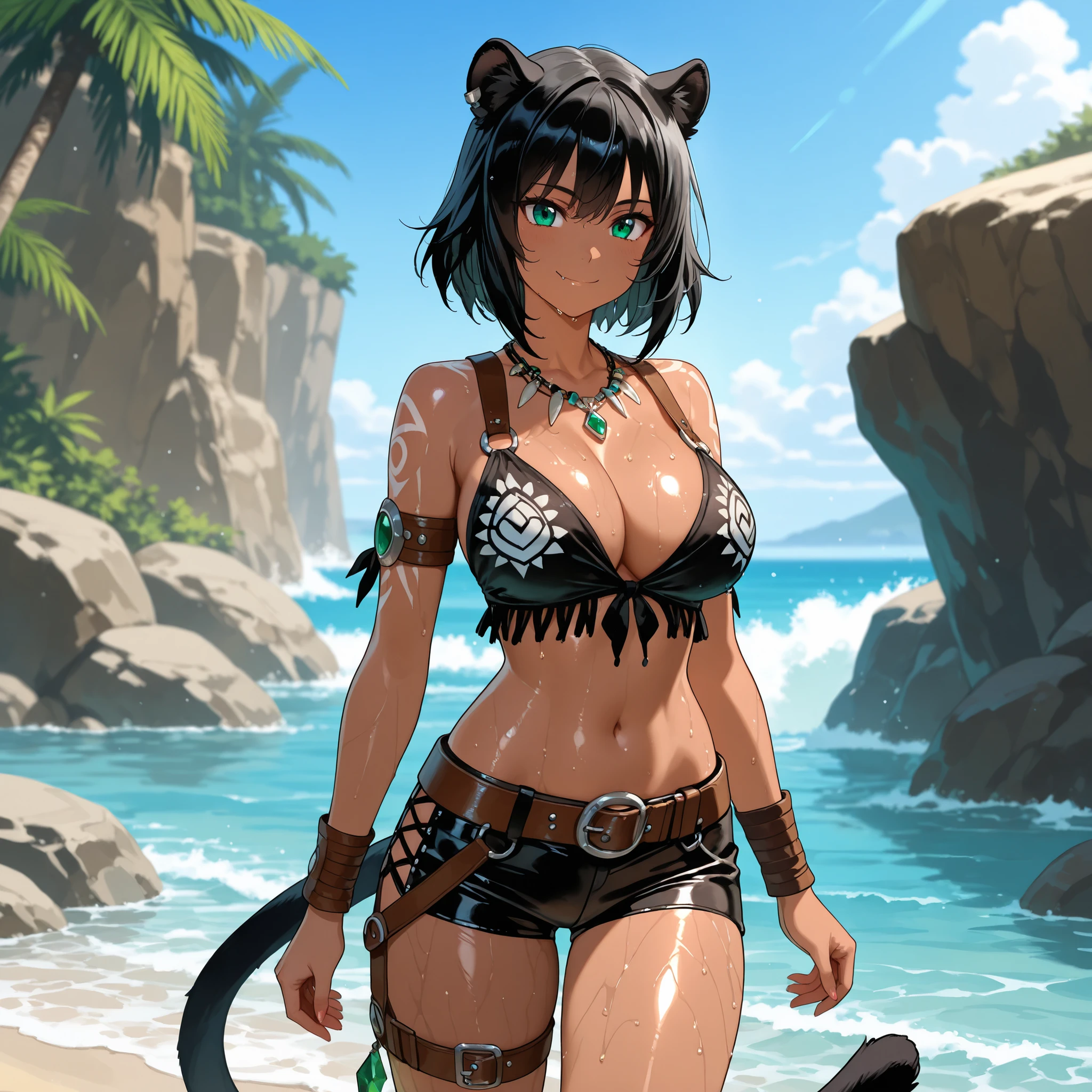 A beautiful panther-like demi-human with straight black hair, black feline ears and tail, emerald eyes, dark skin, a slender figure, and large breasts. She wears a hybrid tribal explorer-hunter outfit: a black panther-patterned blouse, reinforced with brown leather straps and metal buckles. She wears tribal leather shorts with side slits, held together by a wide belt adorned with pendants, stones, and small tribal ornaments. Accessories: a gem-studded and fang-studded necklace, leather and metal armbands, leather thigh and waist straps with decorative details, standing in the middle of a tropical beach with waves in the background... on a sunny day. Highly detailed anime art, smooth, shiny skin, wet bodies, large breasts, and a confident smile.