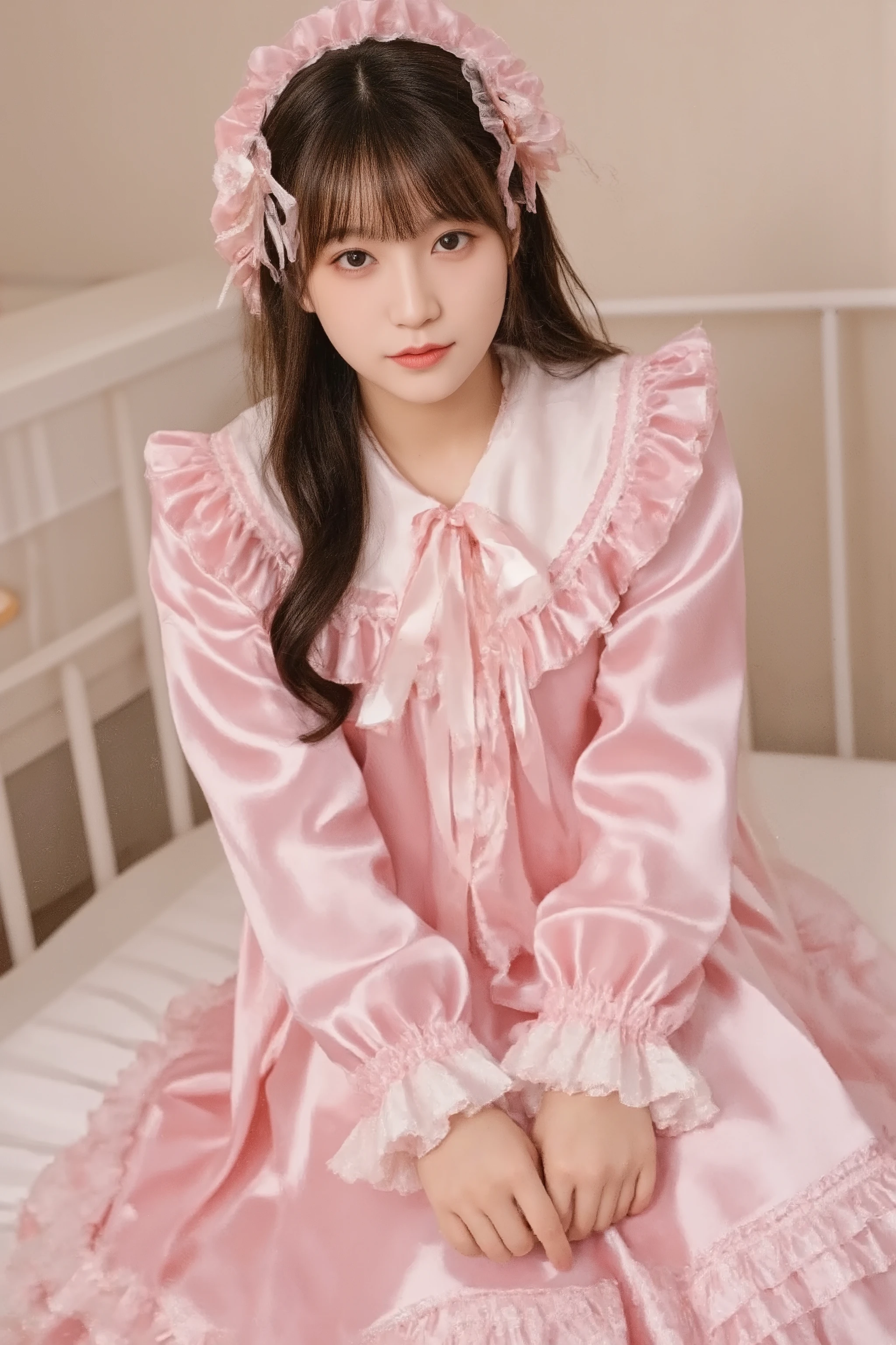 high quality,Super Detailed,3k photos,get used to it,girl in pink nightgown,long sleeve,Long Skirt,pink ruffle round hat,full body, (( 10 year old Japanese girl,Short Height,solo)),super fine young face,,lovely smile,baby-like face,is short,,(((straight long hair))),,(((pink silk satin nightgown with lots of ruffles and bows,1920s style Victorian nightgown:1.2))),soft luster silk satin fabric,((ruffle mob cap with ribbon)),((Detailed Yoke Color with Ruffles and Ribbons,detailed ruffle placket:1.0)),((long sleeve,puff sleeve with ribbon,Ruffle sleeves)),((足首までのフリルLong Skirt:1.0)),((the whole body is shown)),, white ruffle socks,anatomically correct hands,looking at the camera,