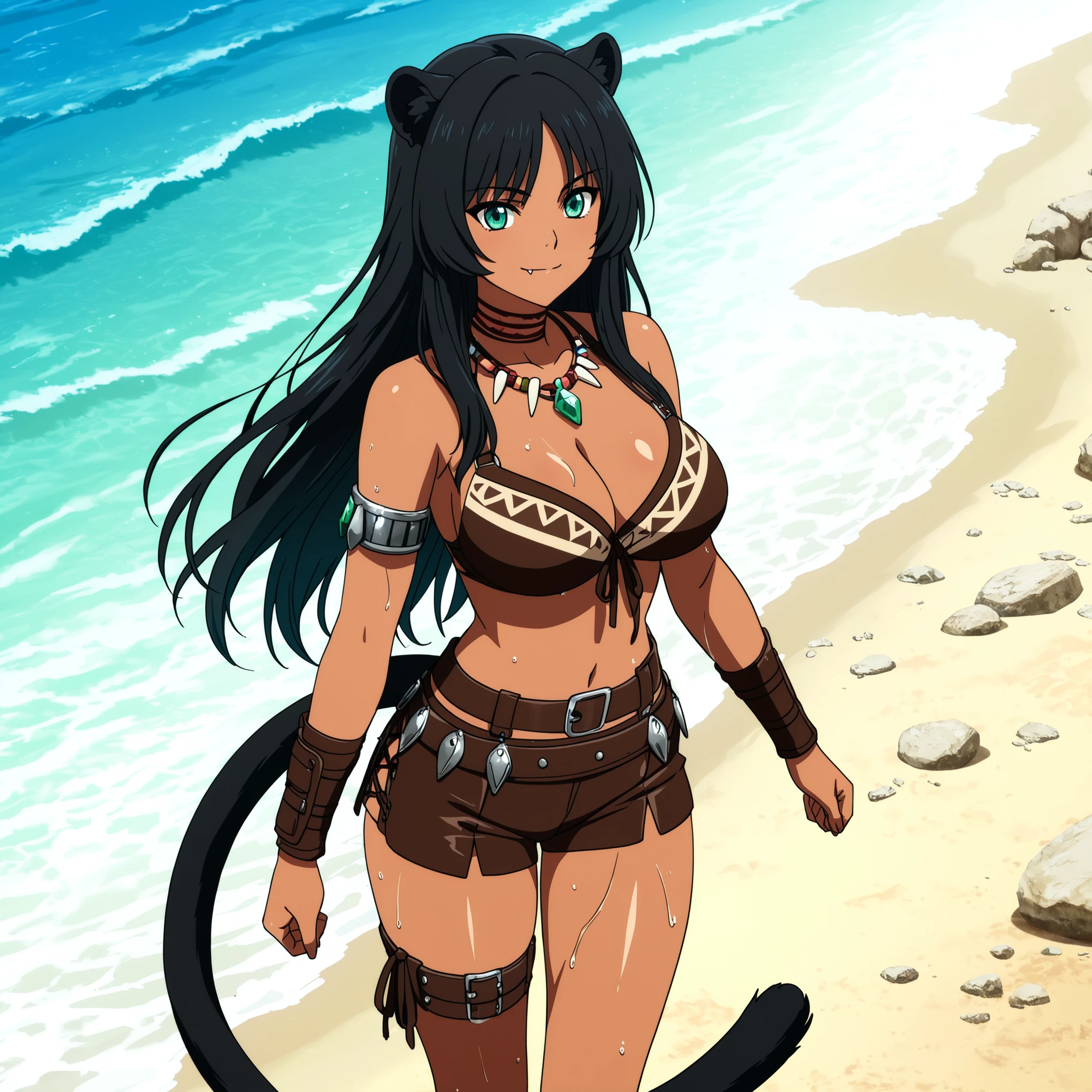 A beautiful panther-like demi-human with straight black hair, black feline ears and tail, emerald eyes, dark skin, a slender figure, and large breasts. She wears a hybrid tribal explorer-hunter outfit: a black panther-patterned blouse, reinforced with brown leather straps and metal buckles. She wears tribal leather shorts with side slits, held together by a wide belt adorned with pendants, stones, and small tribal ornaments. Accessories: a gem-studded and fang-studded necklace, leather and metal armbands, leather thigh and waist straps with decorative details, standing in the middle of a tropical beach with waves in the background... on a sunny day. Highly detailed anime art, smooth, shiny skin, wet bodies, large breasts, and a confident smile.