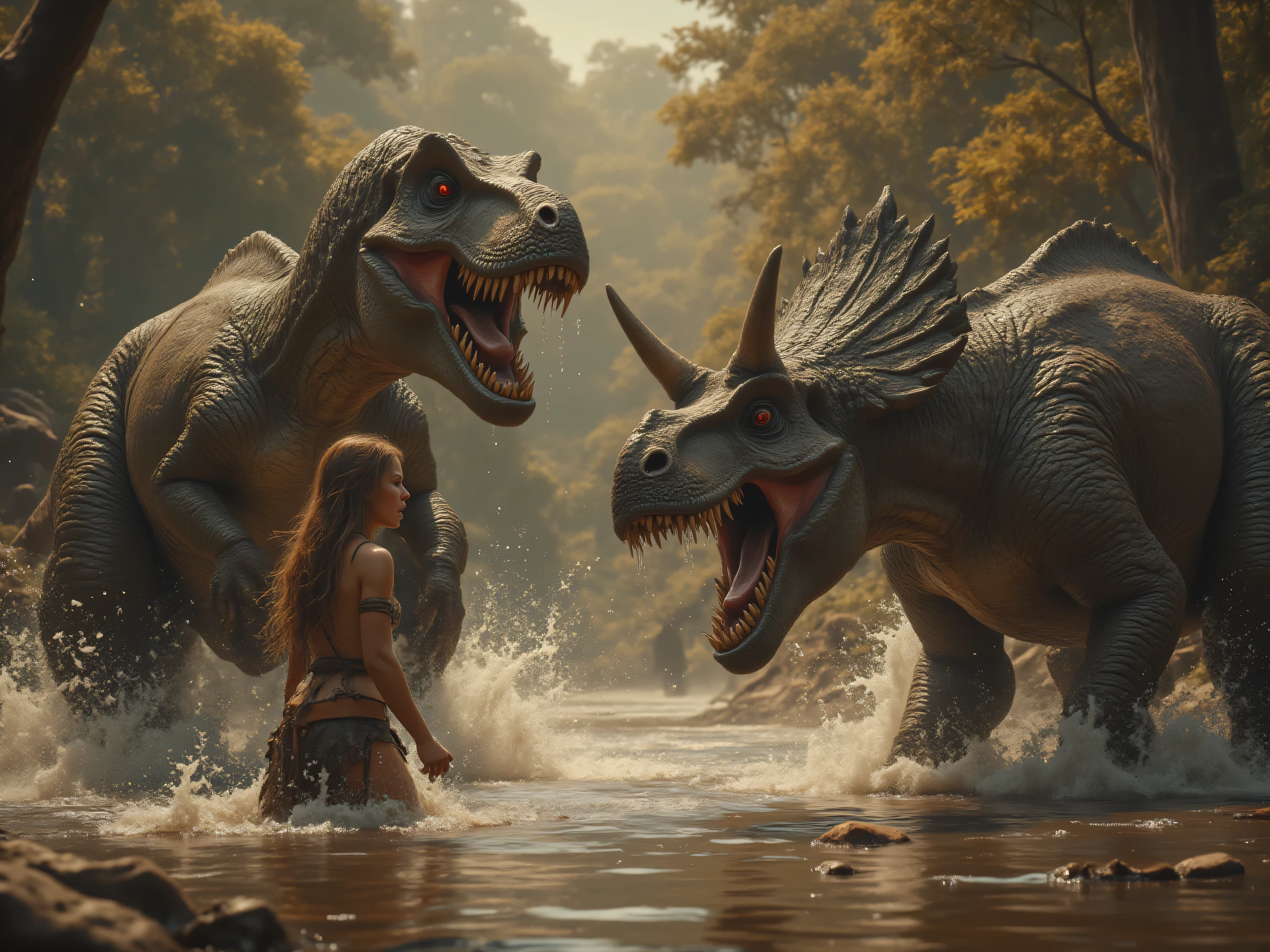 Ultra-realistic, photo-realistic, ultra-detailed, a prehistoric battle scene at a watering hole, featuring a massive Tyrannosaurus Rex confronting a defensive Triceratops, their scales glistening with moisture, water droplets cascading from their snouts and eyes, detailed moist skin textures showing every scale and wrinkle, anatomically accurate dinosaur proportions, muscular bodies in dynamic fighting poses, splashing water effects, a young female with primitive animal skin garments partially submerged in the water showing a fearful expression, natural lighting filtering through ancient forest canopy, mist rising from the water surface, rich earth tones, cinematic composition, photorealistic rendering, 8K resolution, professional wildlife photography style, extreme detail, dramatic lighting, volumetric fog, motion blur from splashing water, depth of field focus on main subjects, golden hour lighting, icon style, iconic characters, 3D realism, best quality images, make the dinosaurs' eyes look natural, not yellow or glowing.