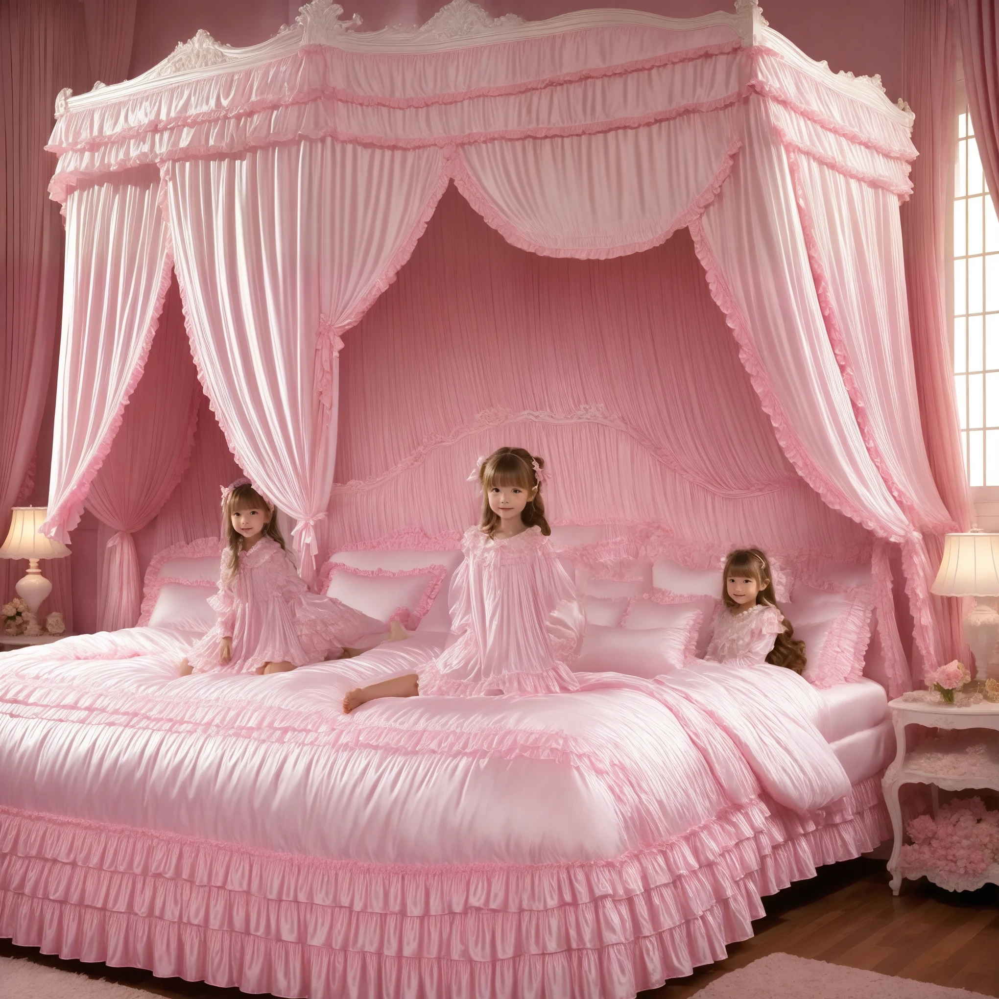 ((Distant view,Full Body,simple background:1.0)), 10 year old girl in nightgown,On a Canopy Bed,Highest Quality, masterpiece, highest resolution, art work, super それにget used to it, many get used to it, get used to it, それにget used to it,