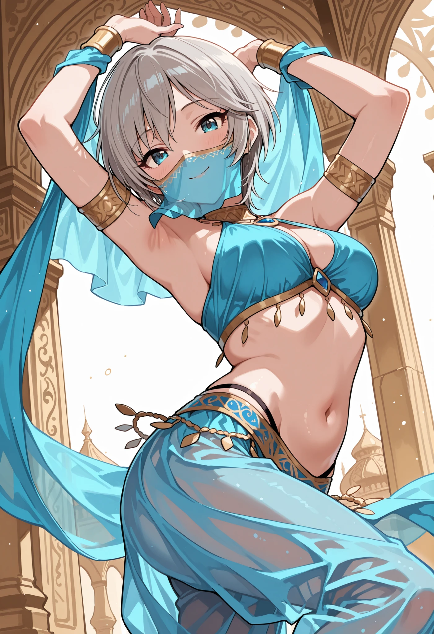 Score_9, score_8_up, score_7_up, source_anime, anastasia/(idolmaster/), solo, short hair, grey hair, blue eyes, (best quality), (high quality), {masterpiece}, extremely delicate and beautiful, ultra-detailed, beautiful detailed eyes, blue arabian clothes, dancer, blue mouth veil, belly dancing, armlet, dancing, blue see-through harem pants, arabian palace, smile, closed mouth