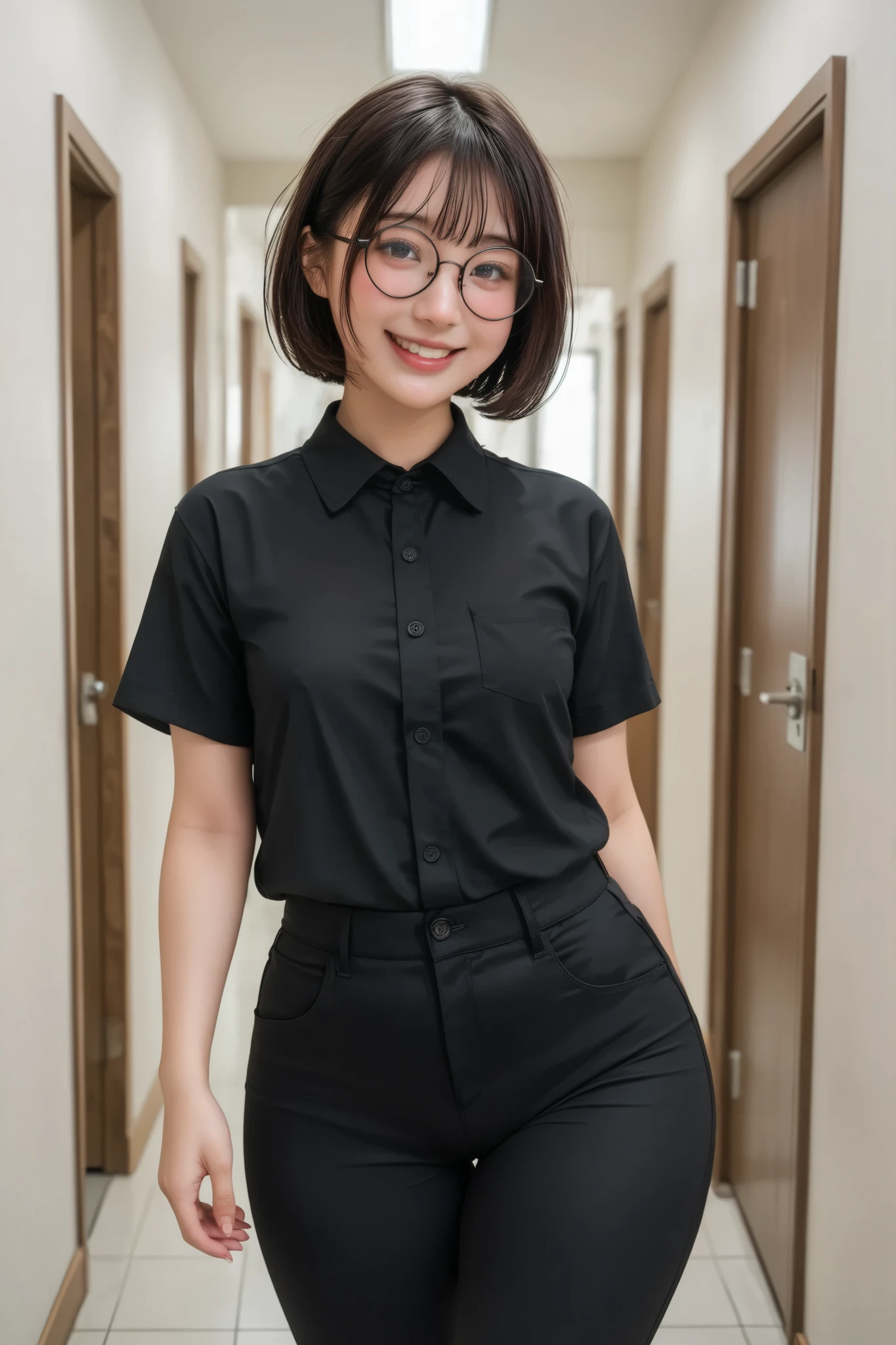 has a smiling face、no makeup、Height: 145 cm、Short Height、Small eyes、small eyes、tareme、(small nose:1.3)、Low nose、short hair、Dark brown hair、Curvy、small breasts、(thick  thighs:1.3)、Big Hips、mate with thick legged、Black polo shirt,green line,oversized shirt、black skinny pants、round glasses、hallway、pov、open the door
