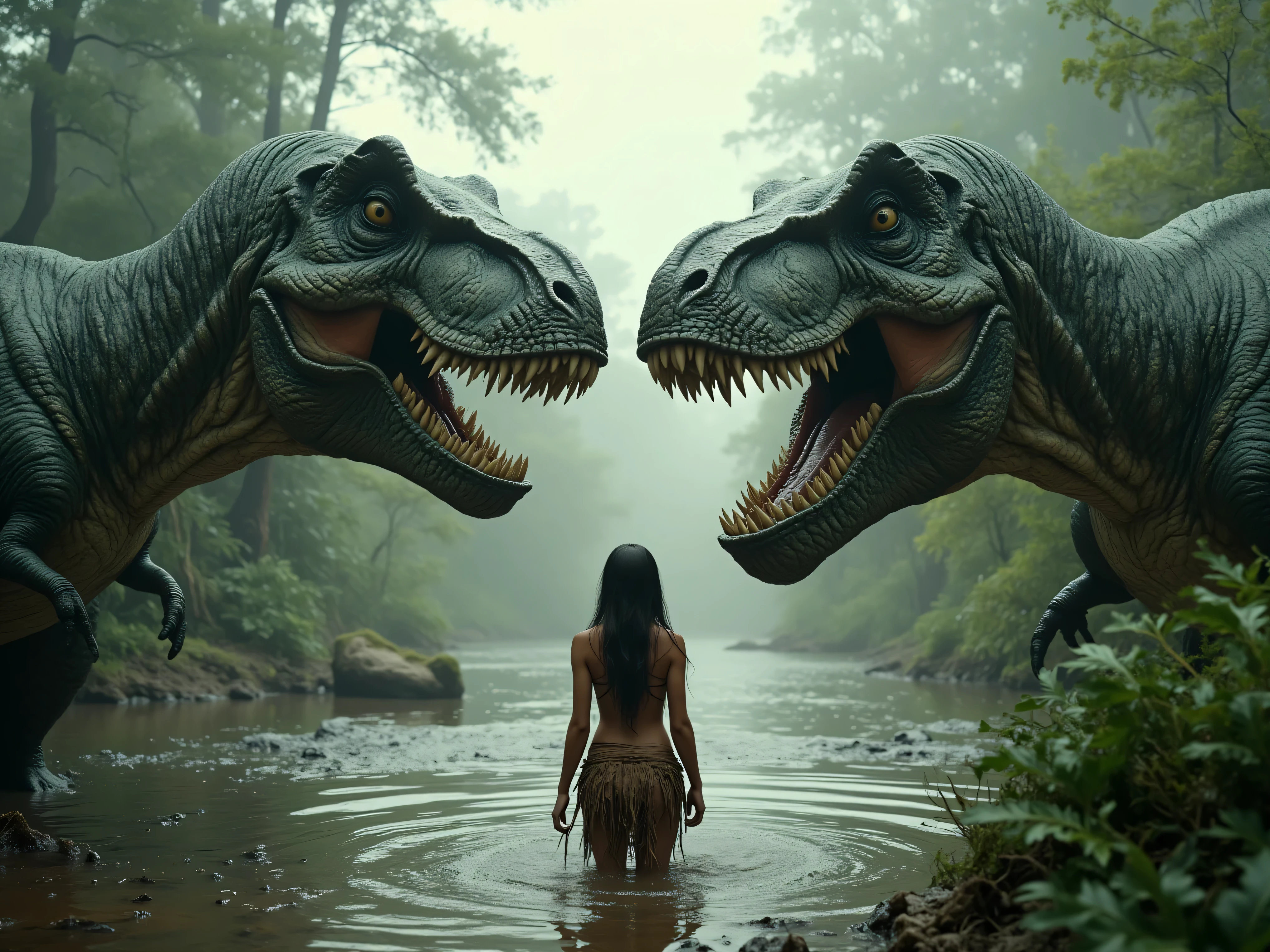 Ultra-realistic, photo-realistic, ultra-detailed, physically-based rendering, in a misty primordial forest, two towering Tyrannosaurus rexes dominate the scene, facing each other with their massive mouths open wide, revealing sharp, menacing teeth, and a beautiful young cavewoman is in the water in between them. The dinosaurs' textured skin is dark green, their faces are wet with moisture making their skin very realistic looking, the cavewoman of approximately 20 years old and wears minimal clothing—a makeshift skirt constructed from woven animal skins—and her long hair cascades down past her waist. The water in which she stands reaches her calves, adding a reflective sheen to the earth-toned surroundings. Her posture is tense, as she confronts this prehistorically imposing figure, capturing a moment of raw fear and awe. The atmosphere is thick with humid anticipation, set under a diffuse and overcast light, hinting at early morning or late evening in this prehistoric paradise. A young cavewoman in the water with a gigantic T Rex standing in front of her, movie still 8k, still from a live action movie, still from a fantasy movie, movie still, epic scene, epic vfx shot, adventure hyper realistic render, cinematic, cinematic photograph, concept art, jurassic image, highly detailed vfx scene, realistic cinematic shot