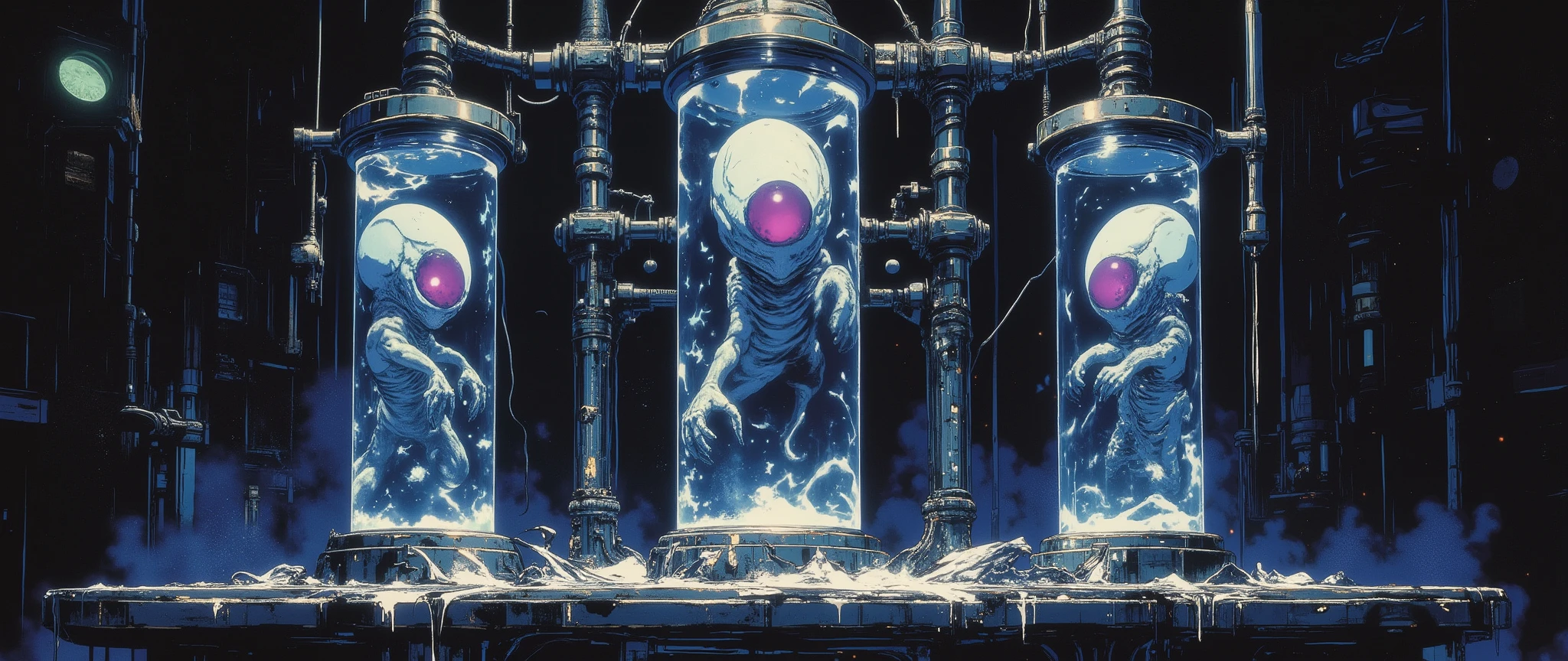 A masterpiece, dark 90s anime style, cel-shaded, tri-tone, sharp lines, no gradients. A small alien embryo inside a small glass cylinder, about 30 cm in size, sits on a smooth study table. The cylinder is filled with a cloudy, transparent liquid, floating weightlessly. Its anatomy is simple: smooth, albino skin, shiny and viscous, with a large purple eye in the center of its head, a small mouth with tiny teeth, and limb-like appendages resembling tadpole hands. The creature resembles a xenomorph in its early larval form. Around it, two intact glass cylinders containing similar creatures stand, while several others are broken and leaking fluid onto the metal, biomechanical floor. The background is dark and shadowy, with H.R. Giger-inspired (but original) wires and twisted machinery, rendered in the style of 'Blame!', 'Berserk', and 'Vampire Hunter D', with a gothic and sinister tone. 23k resolution, anime, very dark setting, black background. [The glass cylinders have a sophisticated metal containment lid, and their base is similar.
