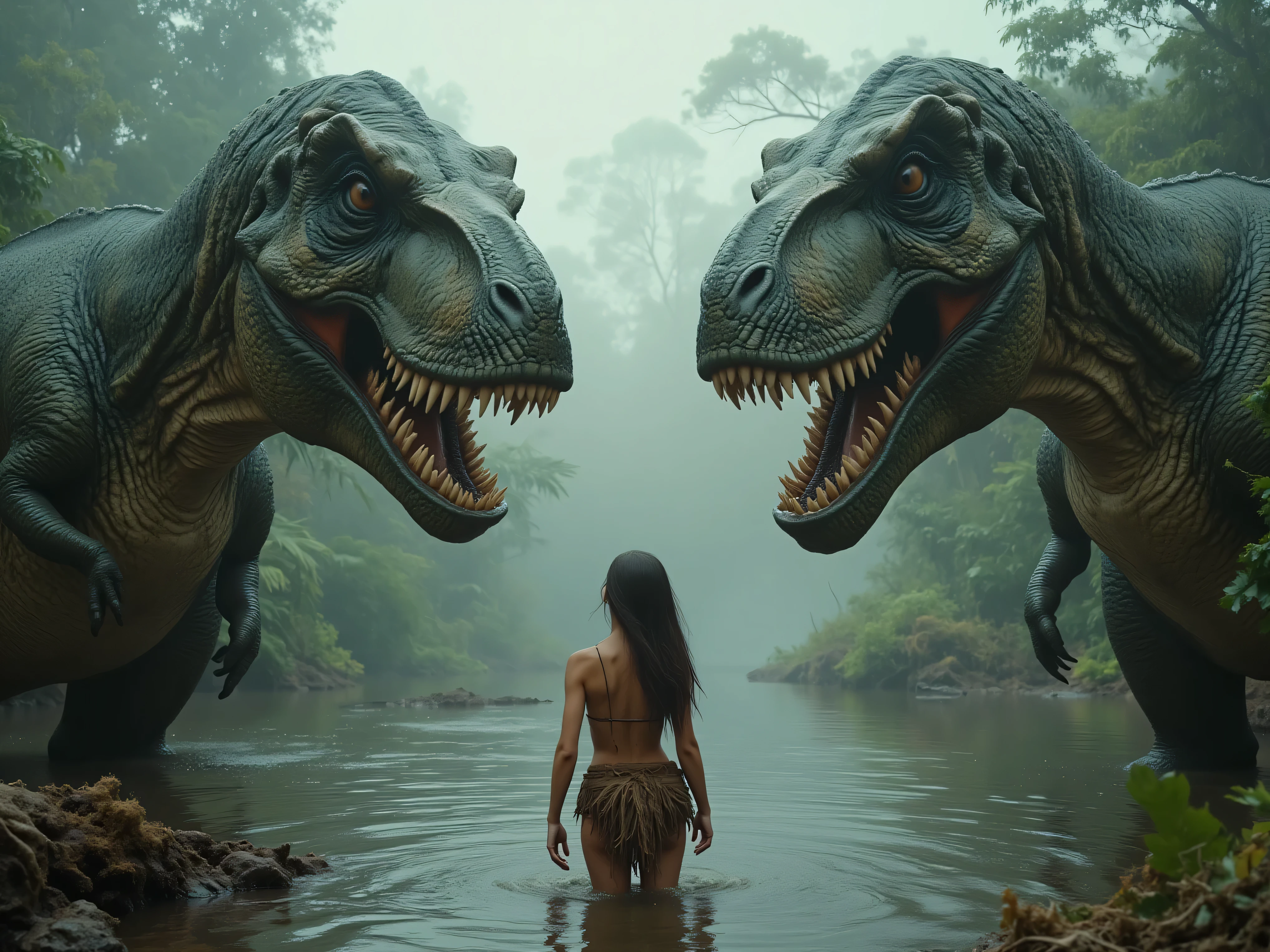 Ultra-realistic, photo-realistic, ultra-detailed, physically-based rendering, in a misty primordial forest, two towering Tyrannosaurus rexes dominate the scene, facing each other with their massive mouths open wide, revealing sharp, menacing teeth, and a beautiful young cavewoman is in the water in between them. The dinosaurs' textured skin is dark green, their faces are wet with moisture making their skin very realistic looking, the cavewoman of approximately 20 years old and wears minimal clothing—a makeshift skirt constructed from woven animal skins—and her long hair cascades down past her waist. The water in which she stands reaches her calves, adding a reflective sheen to the earth-toned surroundings. Her posture is tense, as she confronts this prehistorically imposing figure, capturing a moment of raw fear and awe. The atmosphere is thick with humid anticipation, set under a diffuse and overcast light, hinting at early morning or late evening in this prehistoric paradise. A young cavewoman in the water with a gigantic T Rex standing in front of her, movie still 8k, still from a live action movie, still from a fantasy movie, movie still, epic scene, epic vfx shot, adventure hyper realistic render, cinematic, cinematic photograph, concept art, jurassic image, highly detailed vfx scene, realistic cinematic shot