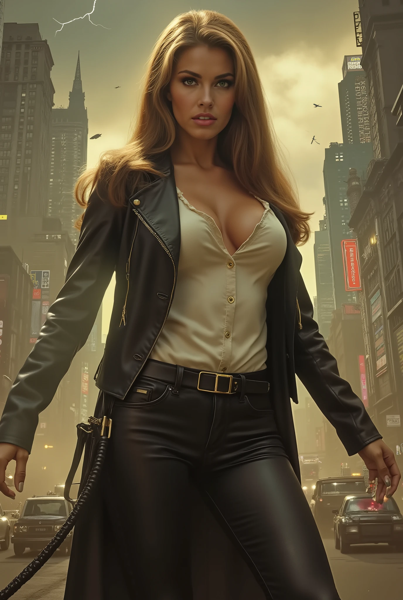ull body image of a beautiful sexy sensual woman 25 years old, blonde long hair, blue eyes, red lips, thin waist, wide shoulders, long thighs, full breasts, wearing tight black leather pants that highlight her shapely legs and thin waist, white buttoned silk shirt that highlights her full breasts, black leather jacket that highlights her wide shoulders, high heeled loafers in the background steampunk night megacity, tall skyscrapers steampunk cars, trucks, wide roads, steam powered airships, gloomy storm clouds, lightning, 1800s design, dull, blurry, yellowish brown color scheme, poster-like, detailed, photorealistic Jules Verne novel atmosphere