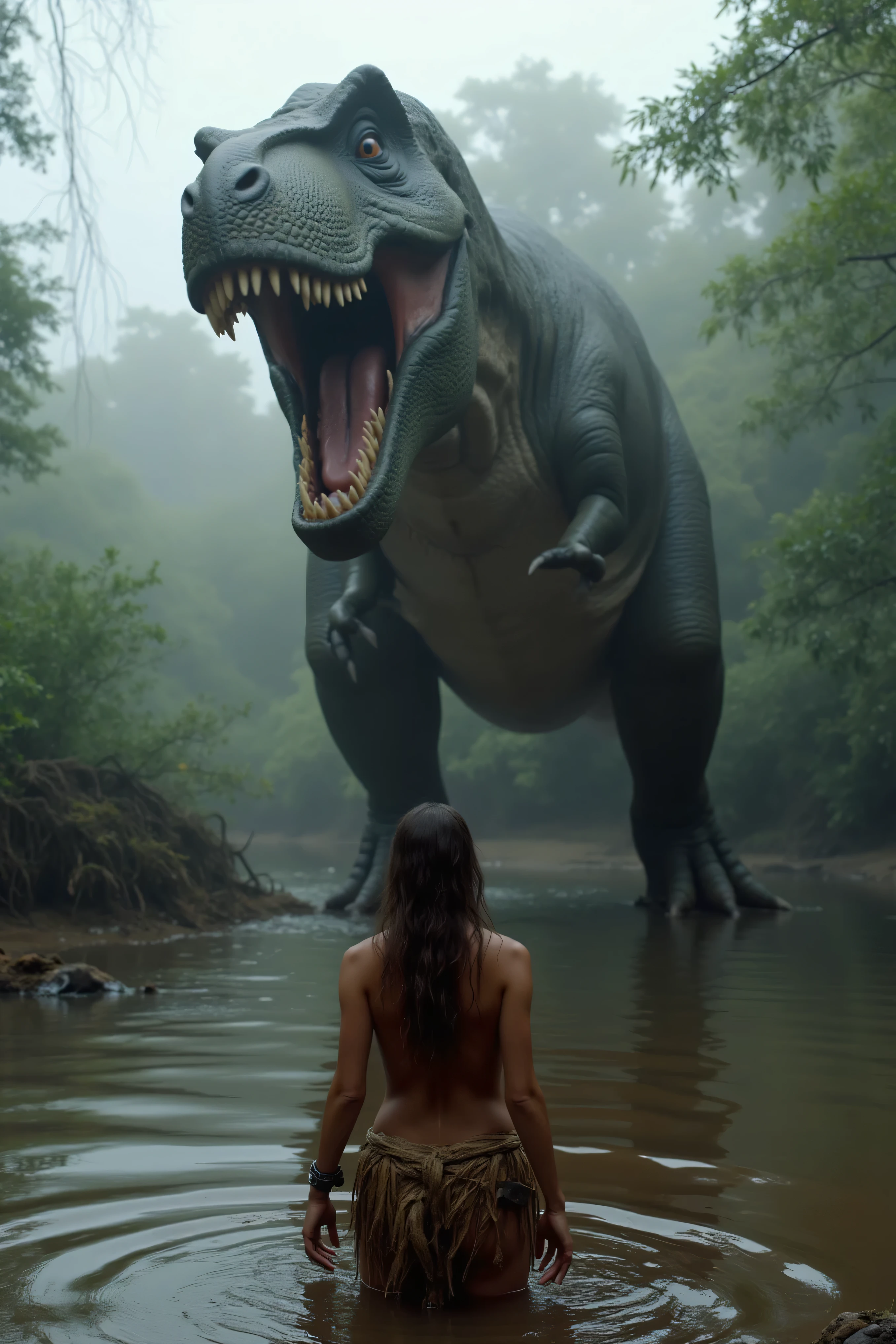 In prehistoric times, Ultra-realistic, photo-realistic, physically-based rendering, in a misty primordial forest, in a watering hole, a towering Tyrannosaurus rex dominates the scene, its massive mouth open wide, revealing long sharp, menacing teeth. The dinosaur's textured skin is a dark shade of green, and its ferocious brown eyes are mostly black from enlarged pupils. Opposite the creature stands a lone cavewoman of approximately 20 years old, her back to the viewer. She wears minimal clothing—a makeshift skirt constructed from woven animal skins—and her long hair cascades down past her waist. The water in which she stands reaches her calves, adding a reflective sheen to the earth-toned surroundings. Her posture is tense, as she confronts this prehistorically imposing figure, capturing a moment of raw fear and awe. The atmosphere is thick with humid anticipation, set under a diffuse and overcast light, hinting at early morning or late evening in this prehistoric paradise. A young cavewoman in the water with a gigantic T Rex standing in front of her, and she is too terrified to run, movie still 8k, still from a live action movie, still from a fantasy movie, movie still, epic scene, epic vfx shot, adventure hyper realistic render, cinematic, cinematic photograph, concept art, prehistoric life, realism, UHDR, highres, physically-based rendering, anatomically Correct, Attention to details on the dinosaur. T Rex has a wet and moist face accentuating its realistic textured skin, it also has large cartilage deposits around and over the eye sockets, making it look bigger and meaner, Jurassic image, highly detailed VFX scene, realistic, scary cinematic shot, masterpiece