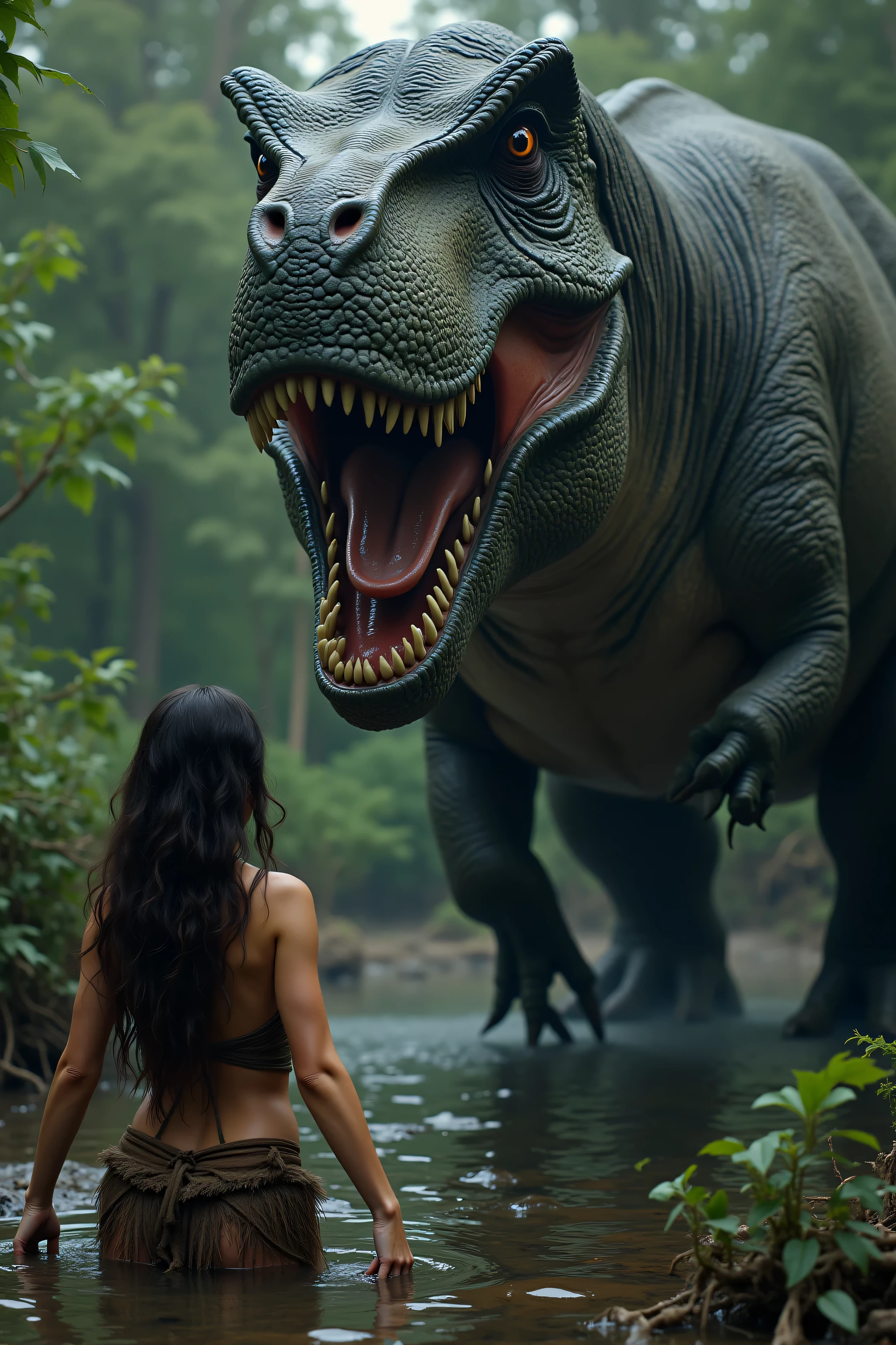 (Ultra-realistic, photo-realistic, masterpiece) A gigantic ferocious Tyrannosaurus rex roars at a lovely young cavewoman covered only in a couple of animal skins, after discovering her at a water hole. The cavewoman freezes, too terrified to run. Cinematography, cinematic photography, realistic vision, UHDR, high-res, startling presence, icon style, iconic characters, anatomically Correct, proportionally correct, attention to details, attention to skin textures, unsettling, eerie, authentic-looking, raw photo, prehistoric life, realism, best quality, 8k, Parted Lips, very long hair, pale skin, extremely attractive young woman, sensual suggestions, striking facial features and eyes on the cave woman, natural eyes on the T Rex, no red or glowing eyes on the T Rex, extremely detailed realistic images, a masterpiece